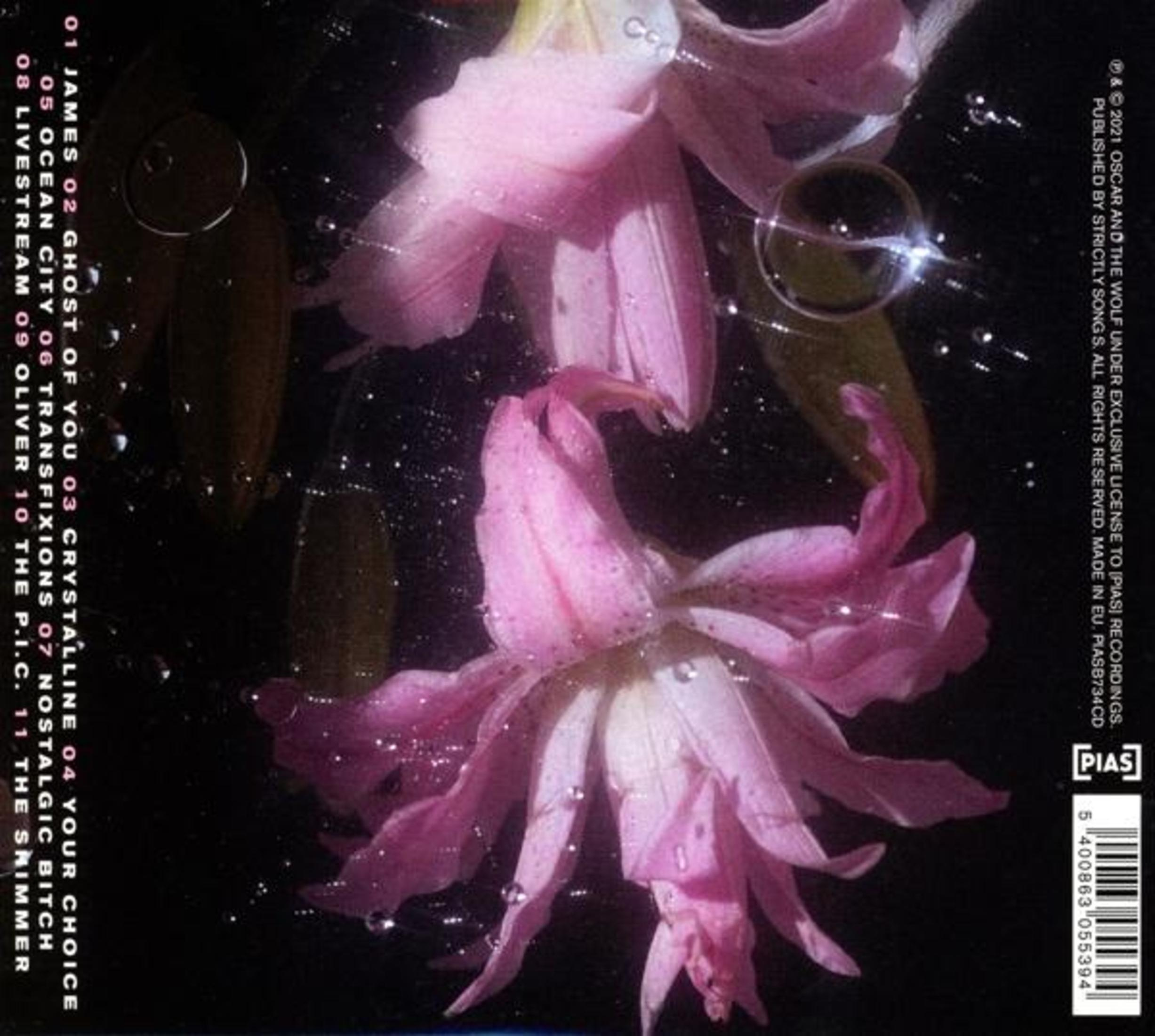 Petali di fiori rosa con gocce d'acqua su sfondo nero, tracklist a destra.