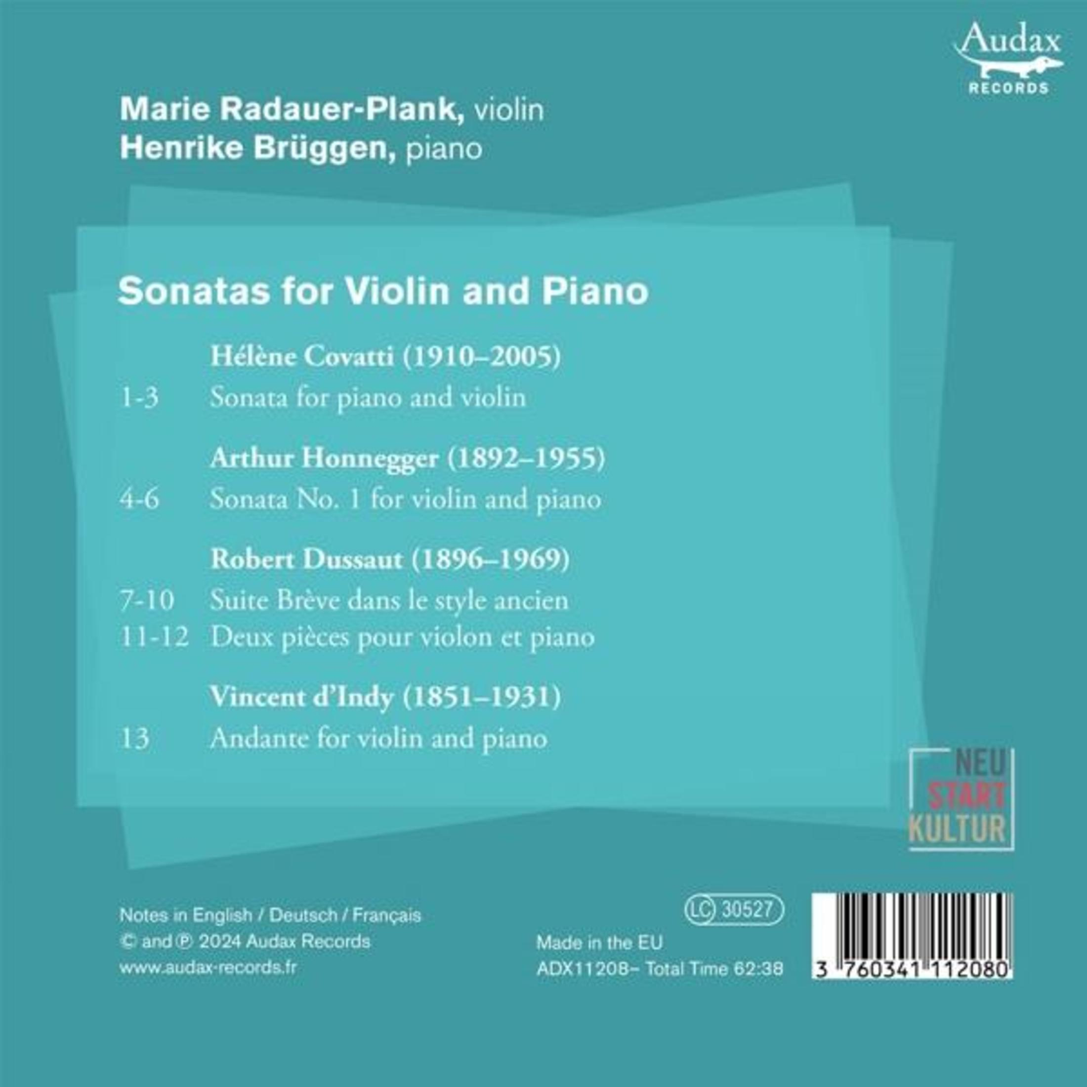 Copertina CD con titolo "Sonatas for Violin and Piano", nomi e opere.