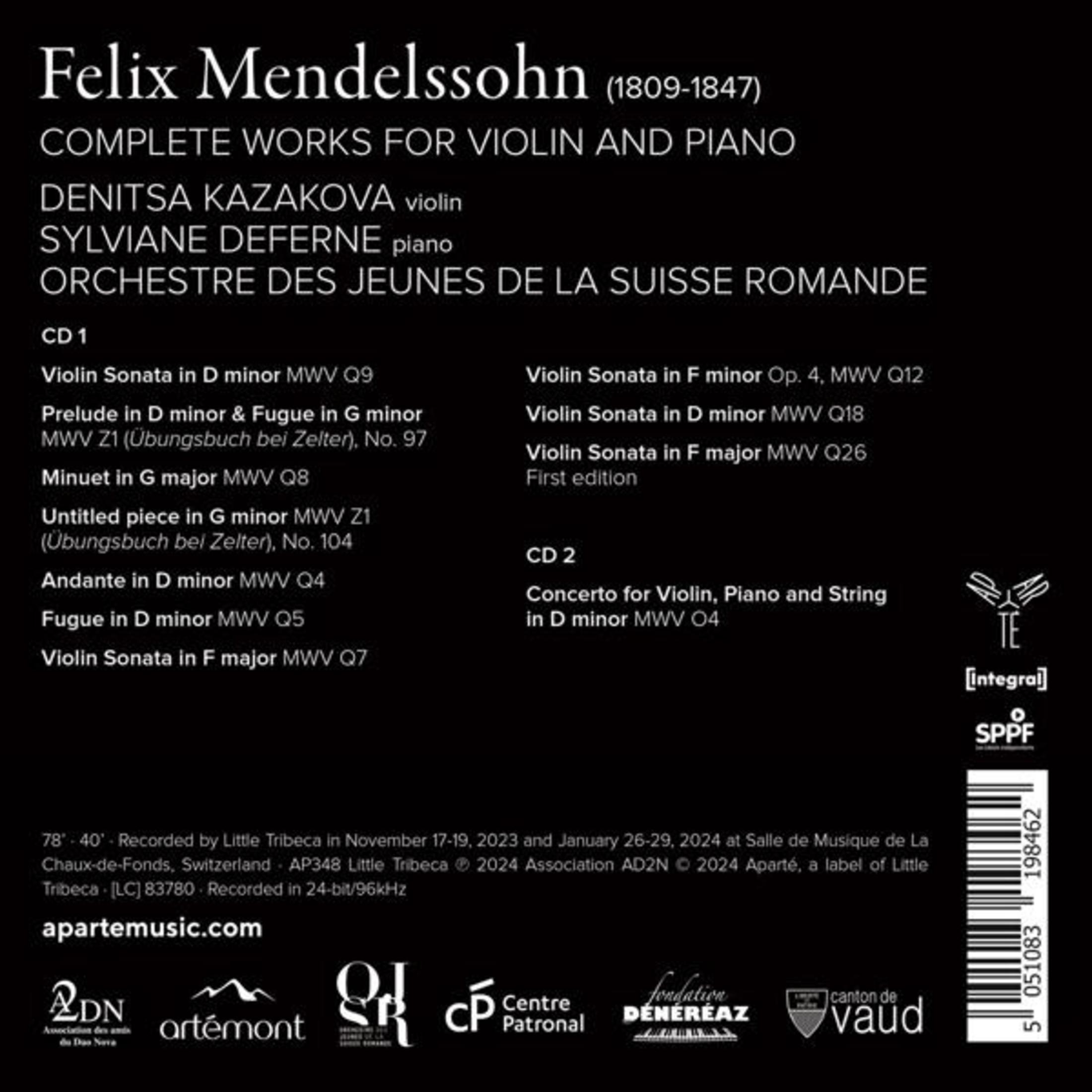 Copertina CD con elenco delle opere per violino e pianoforte di Felix Mendelssohn.
