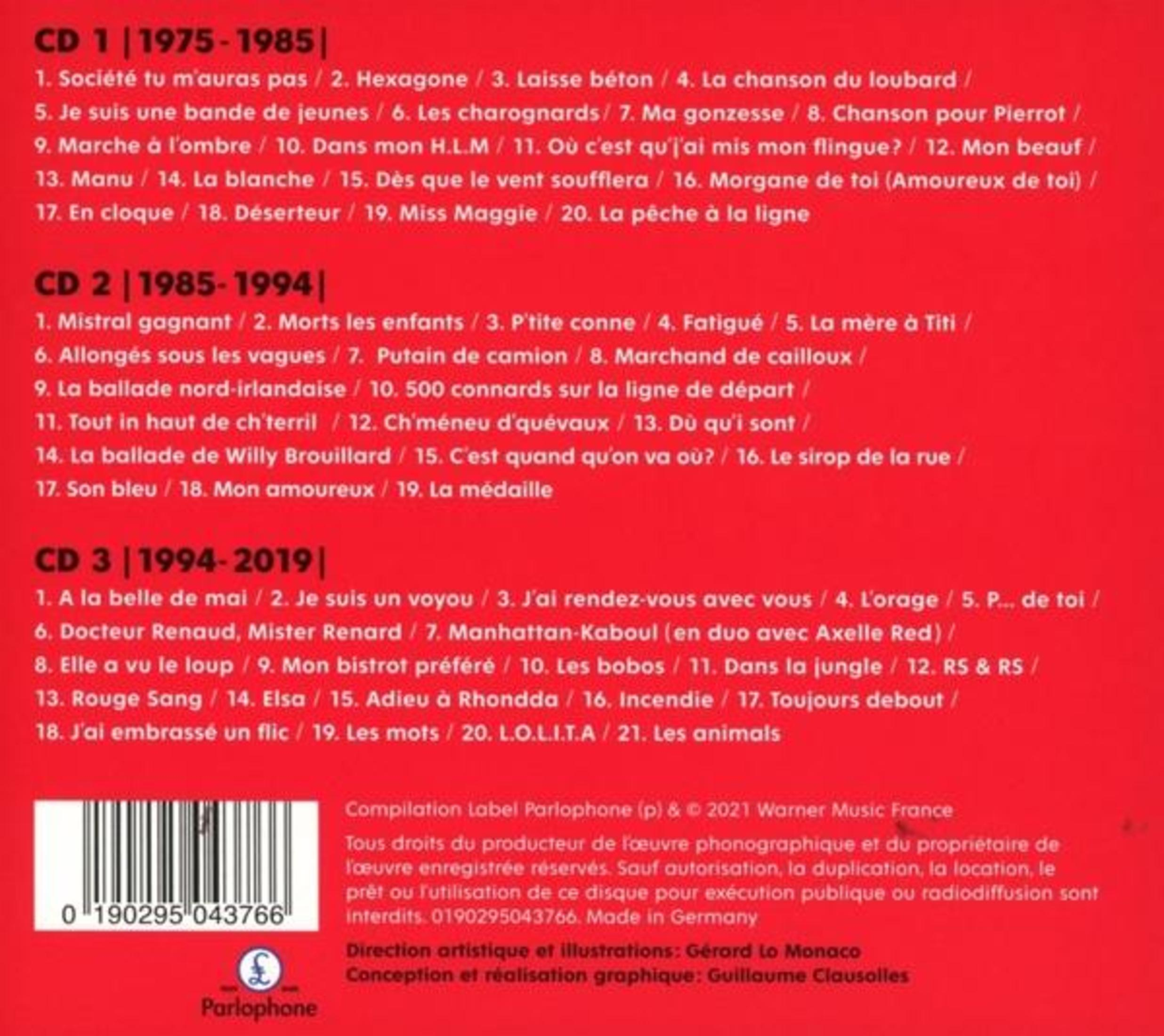 Copertina CD rossa con titoli di canzoni, divisa in 3 periodi: 1975-1985, 1985-1994, 1994-2019.