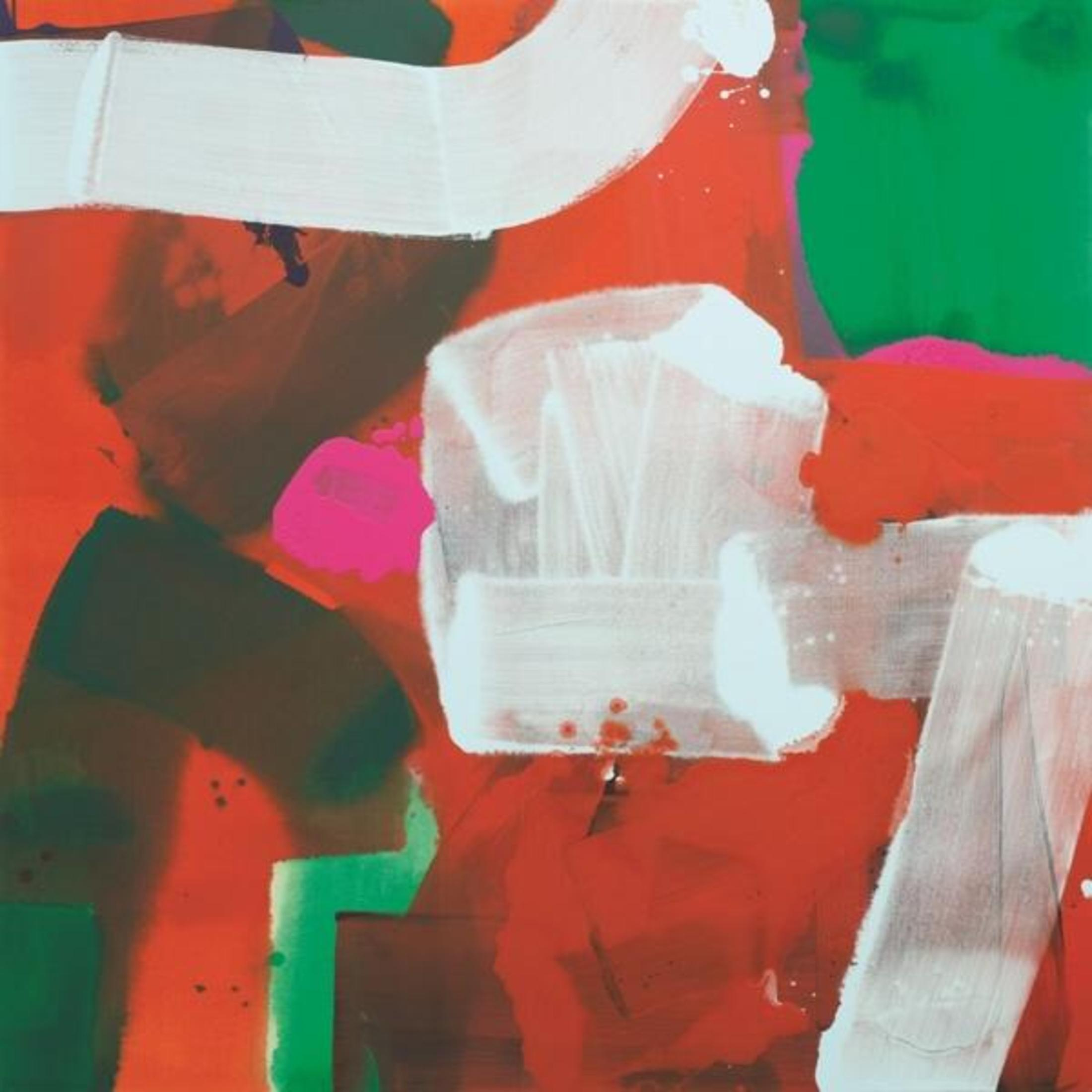 Pittura astratta con forme rosse, bianche e verdi.
