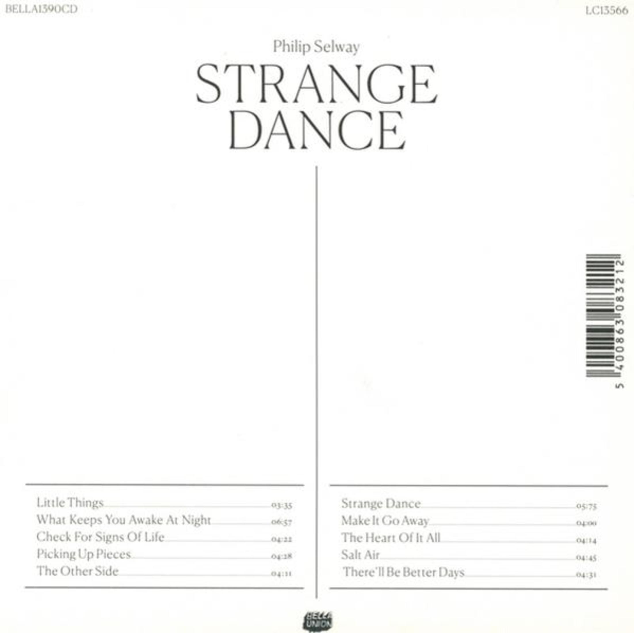 Copertina album 'Strange Dance' di Philip Selway, con lista canzoni e codice a barre.