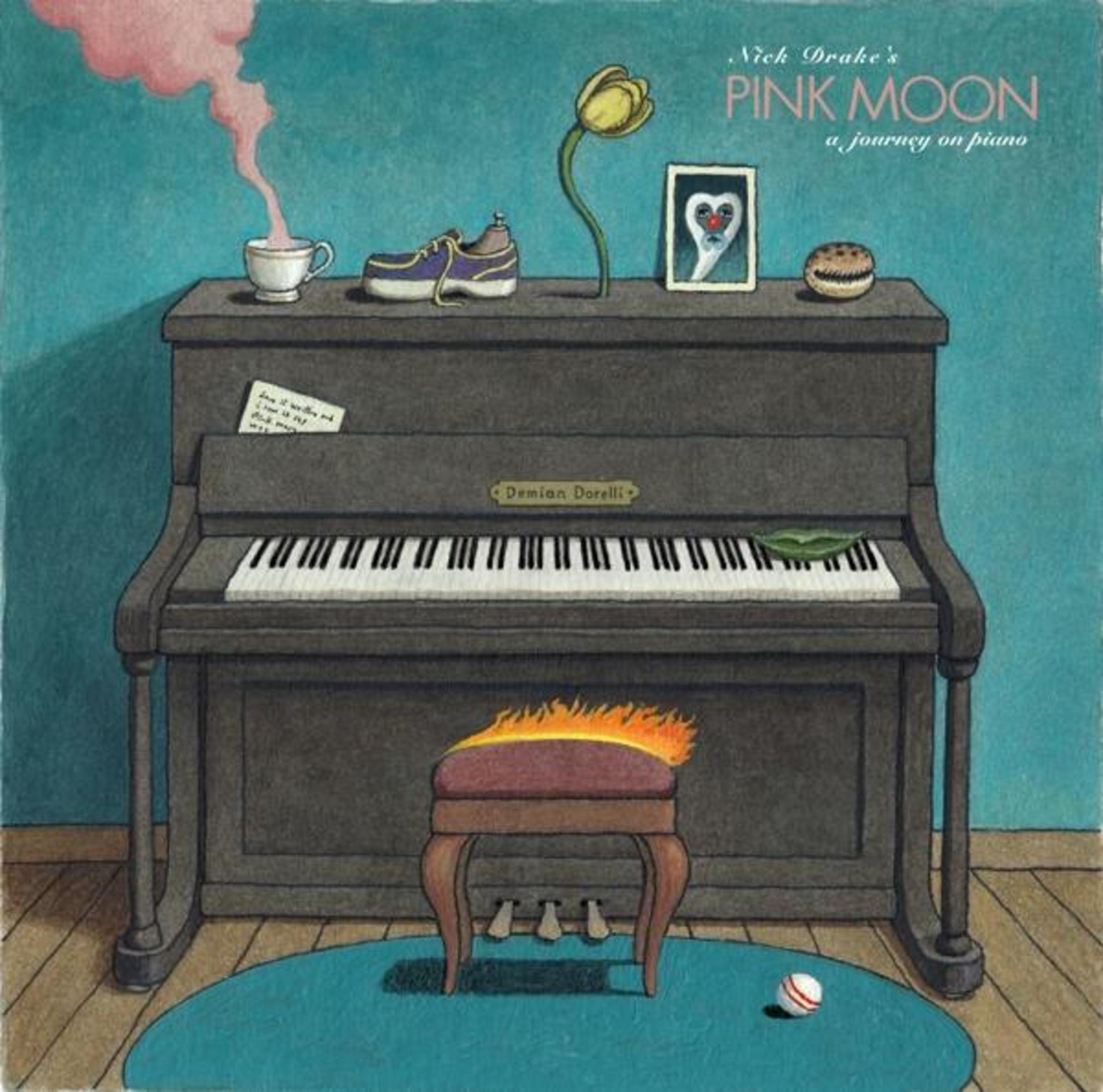 Un pianoforte con uno sgabello in fiamme. Sopra ci sono una scarpa, un fiore, una cornice e una tazza di fumo rosa.