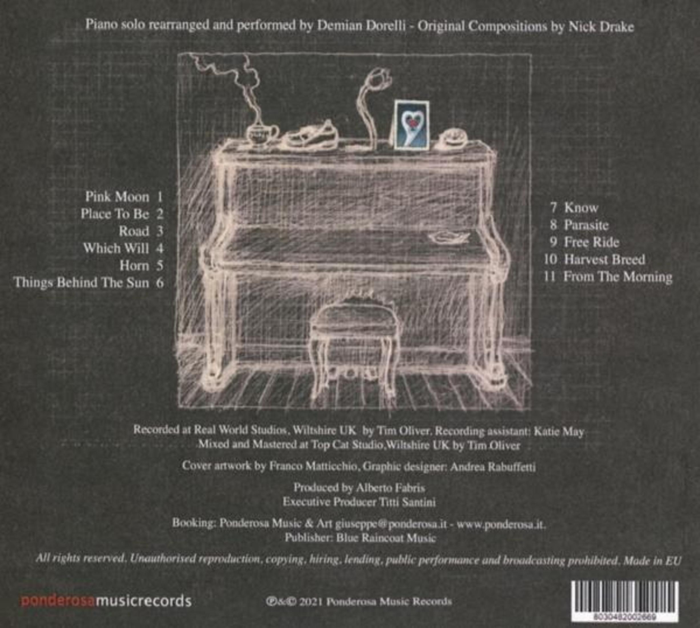 Schizzo di un pianoforte con oggetti sopra e tracklist.