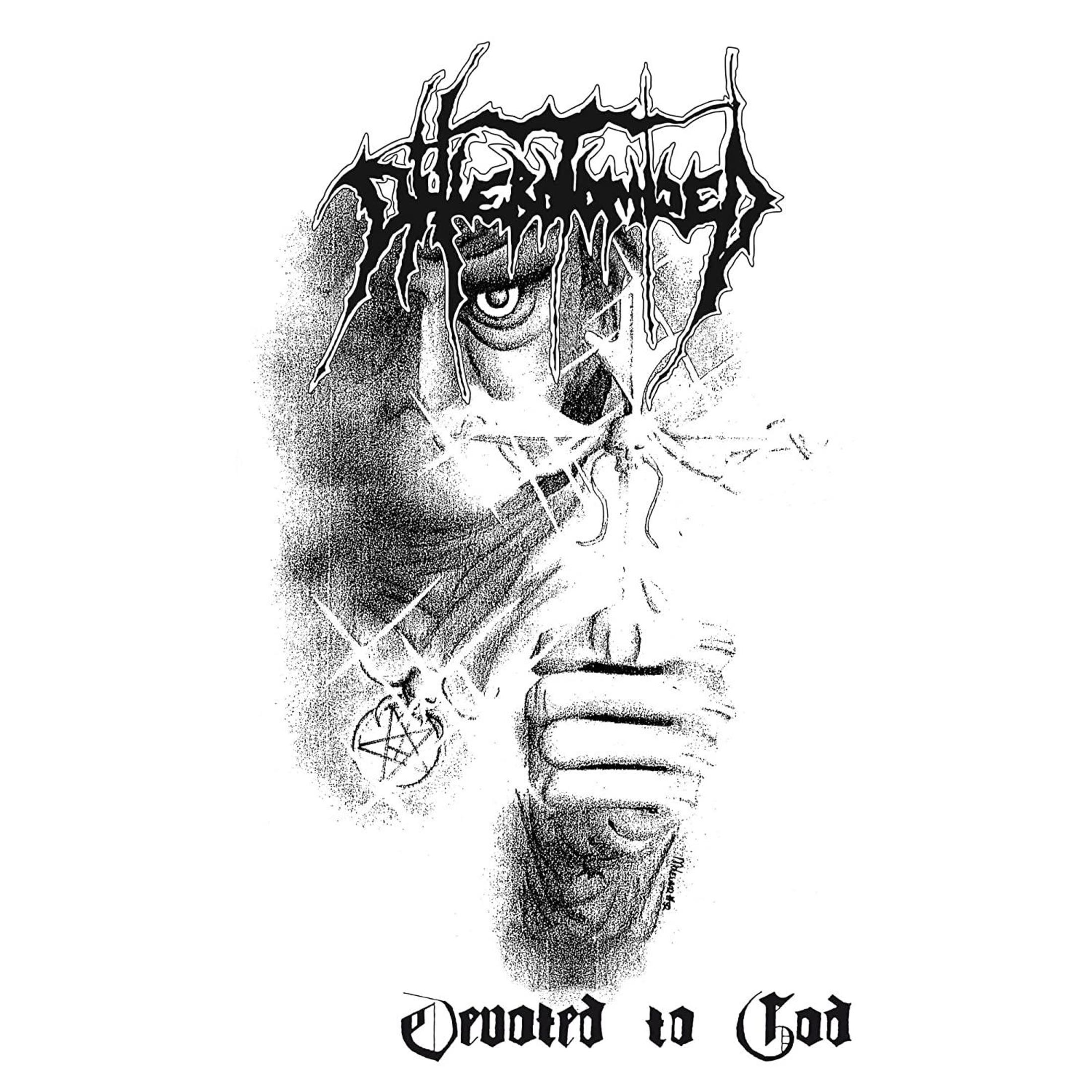 Disegno bianco e nero: occhio, mano con pentagramma, logo band e testo.