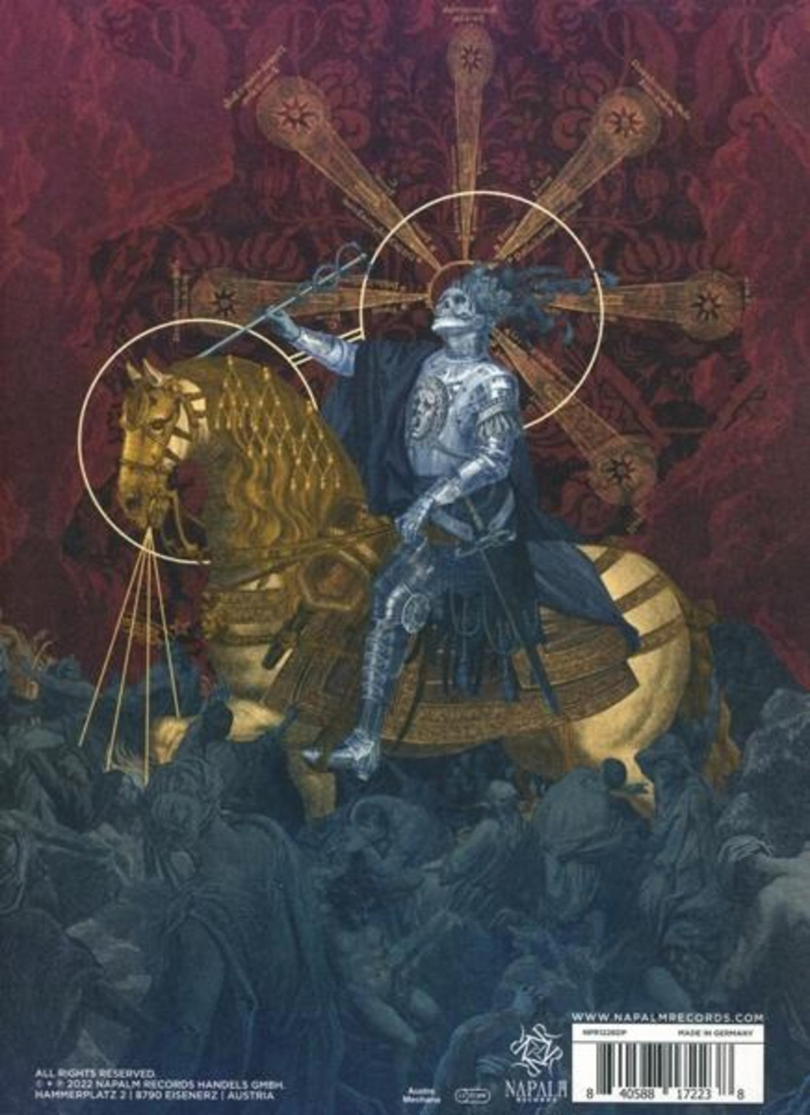 A skeleton knight on a golden horse holds a lance against a red background.