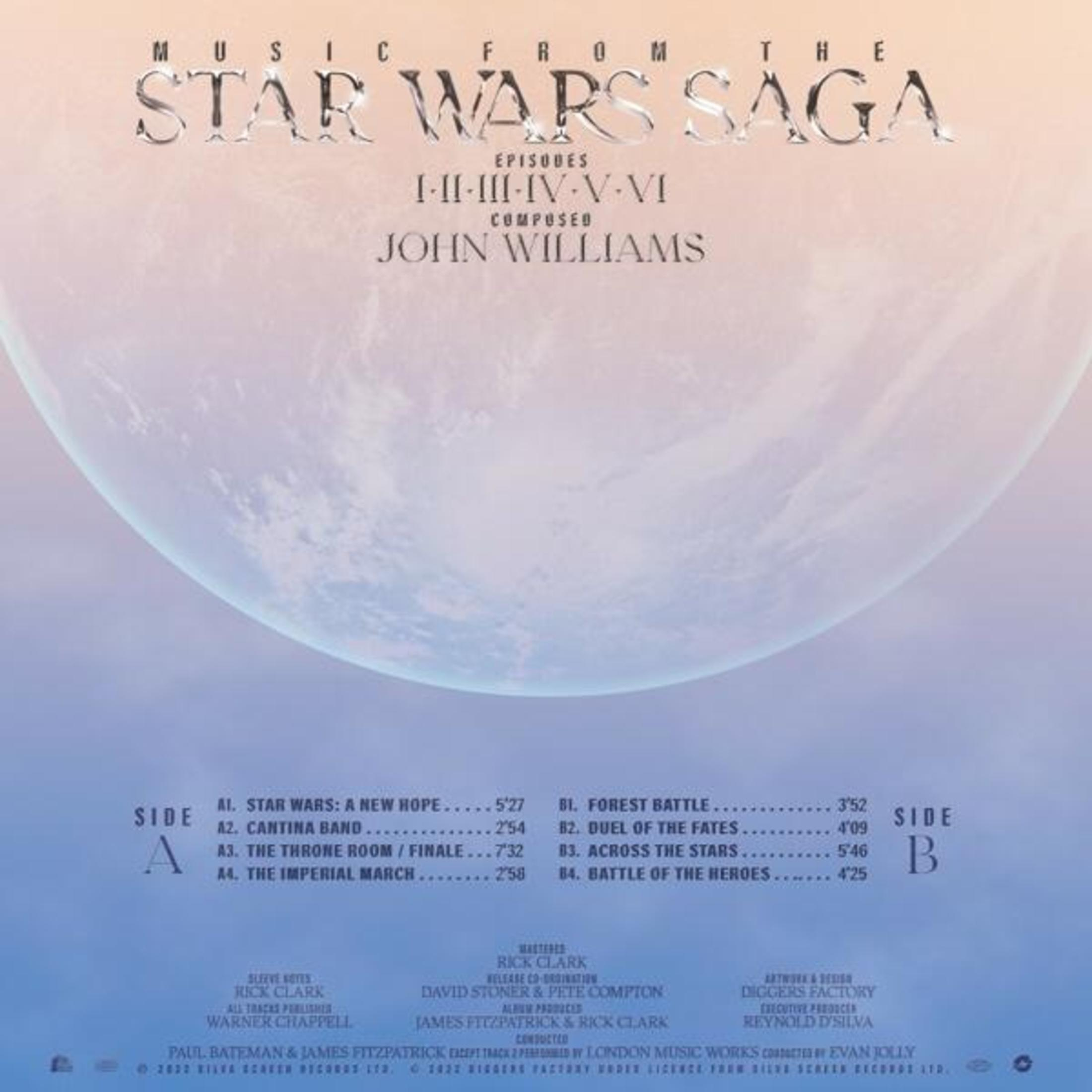 Tracklist album musicale Star Wars Saga con compositore John Williams. Elenco tracce Lato A e B.