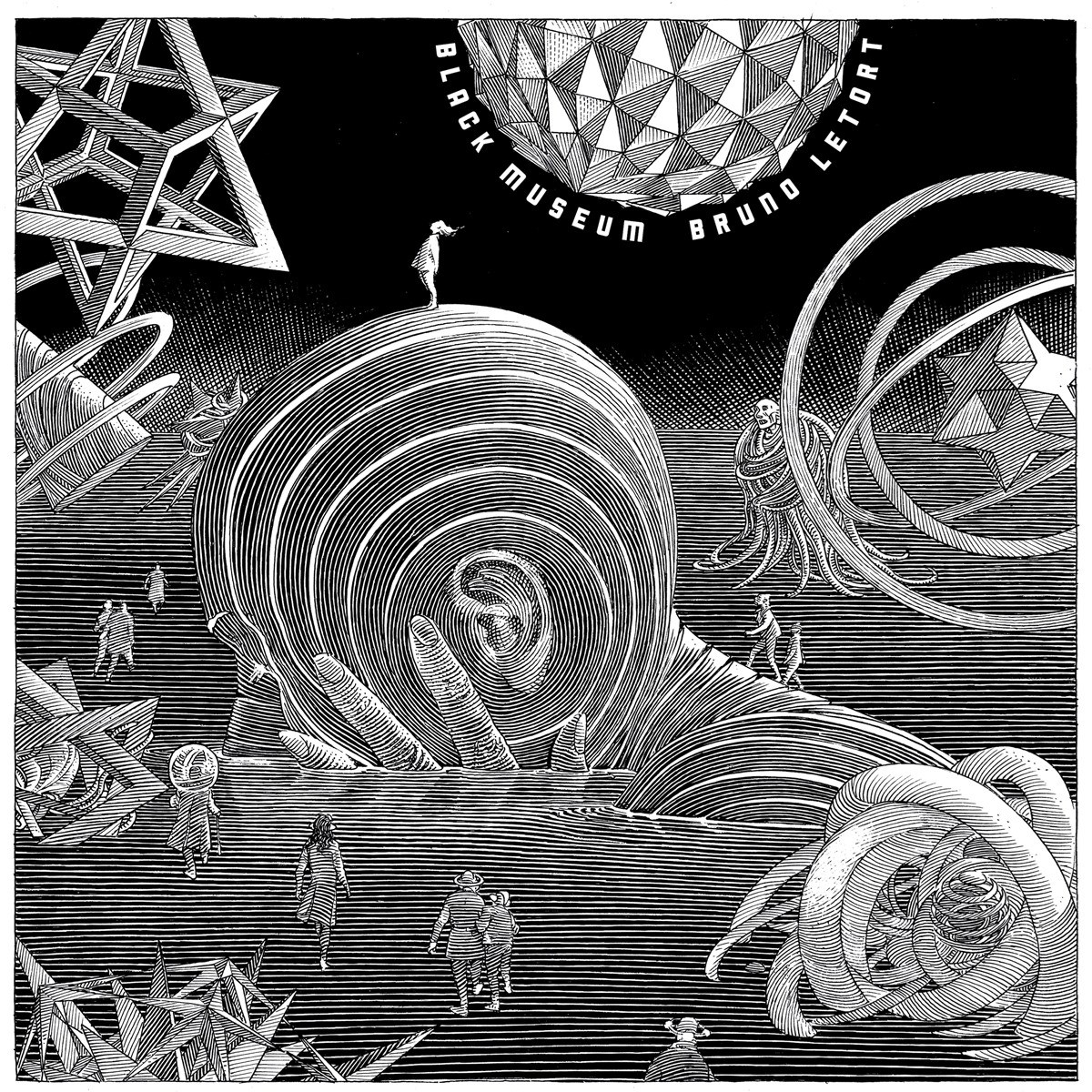 Una surreale illustrazione in bianco e nero con forme geometriche e persone.