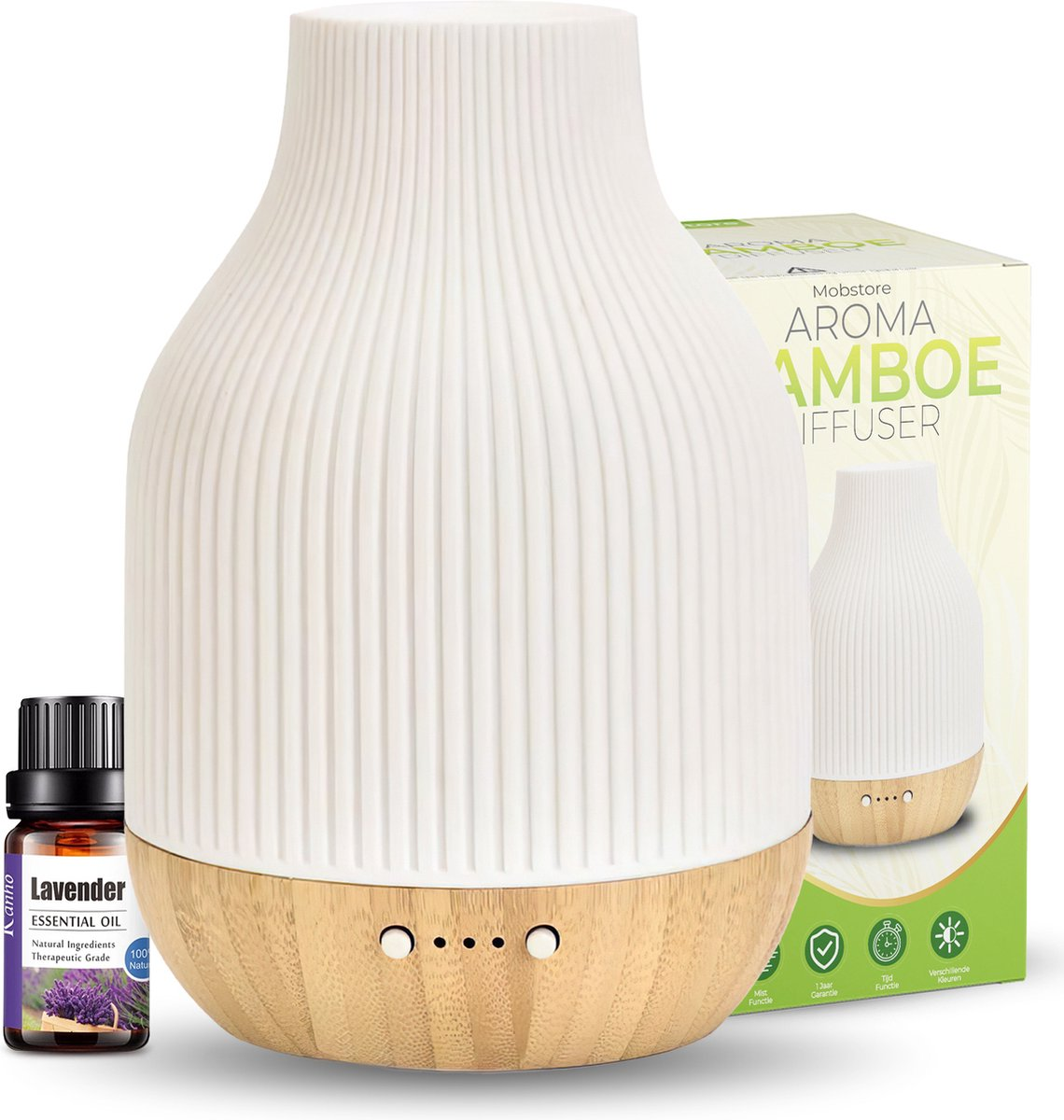 Een witte diffuser met houten voet en lavendelolie ernaast.