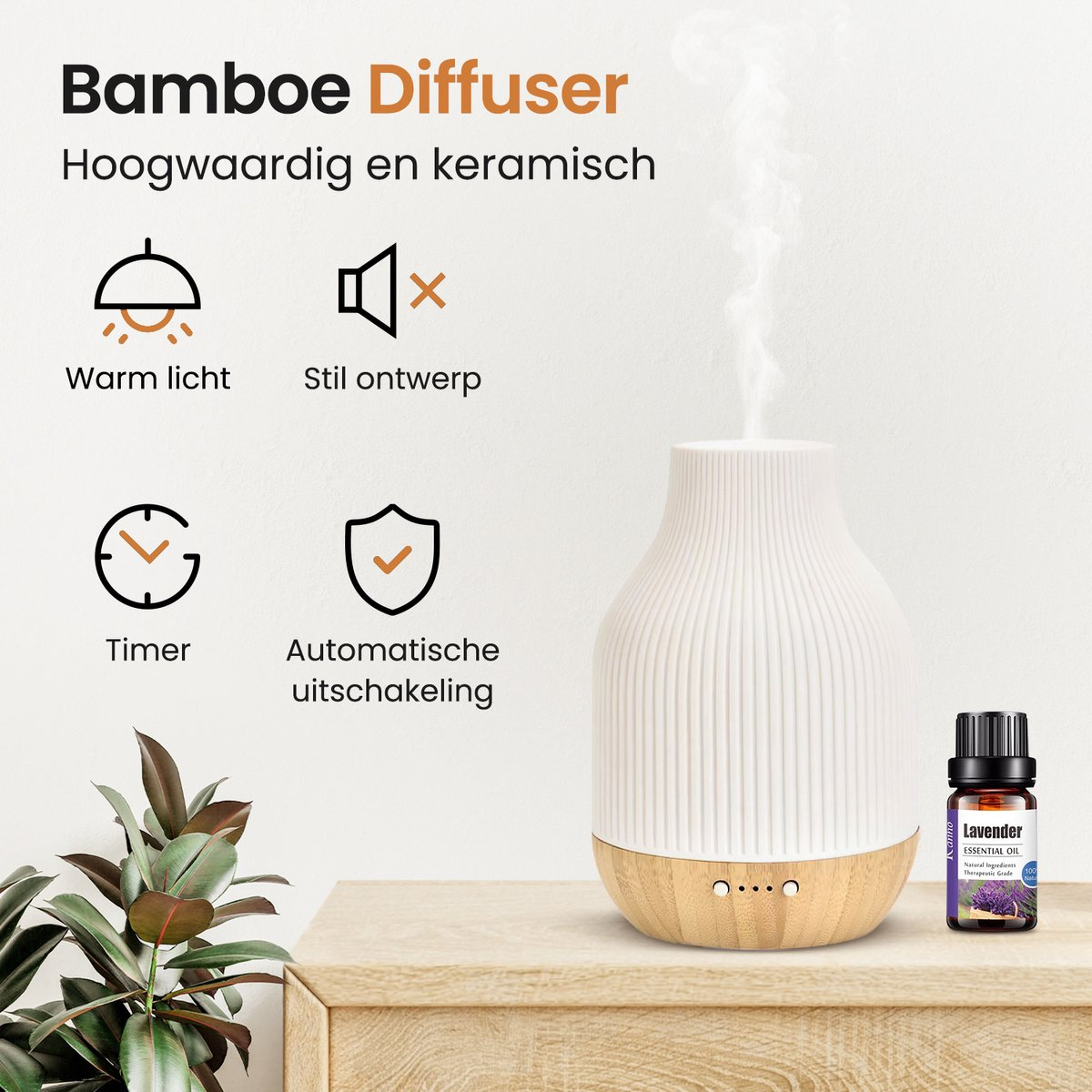 Witte keramische diffuser met houten basis, mist, lavendelolie, plant en iconen.