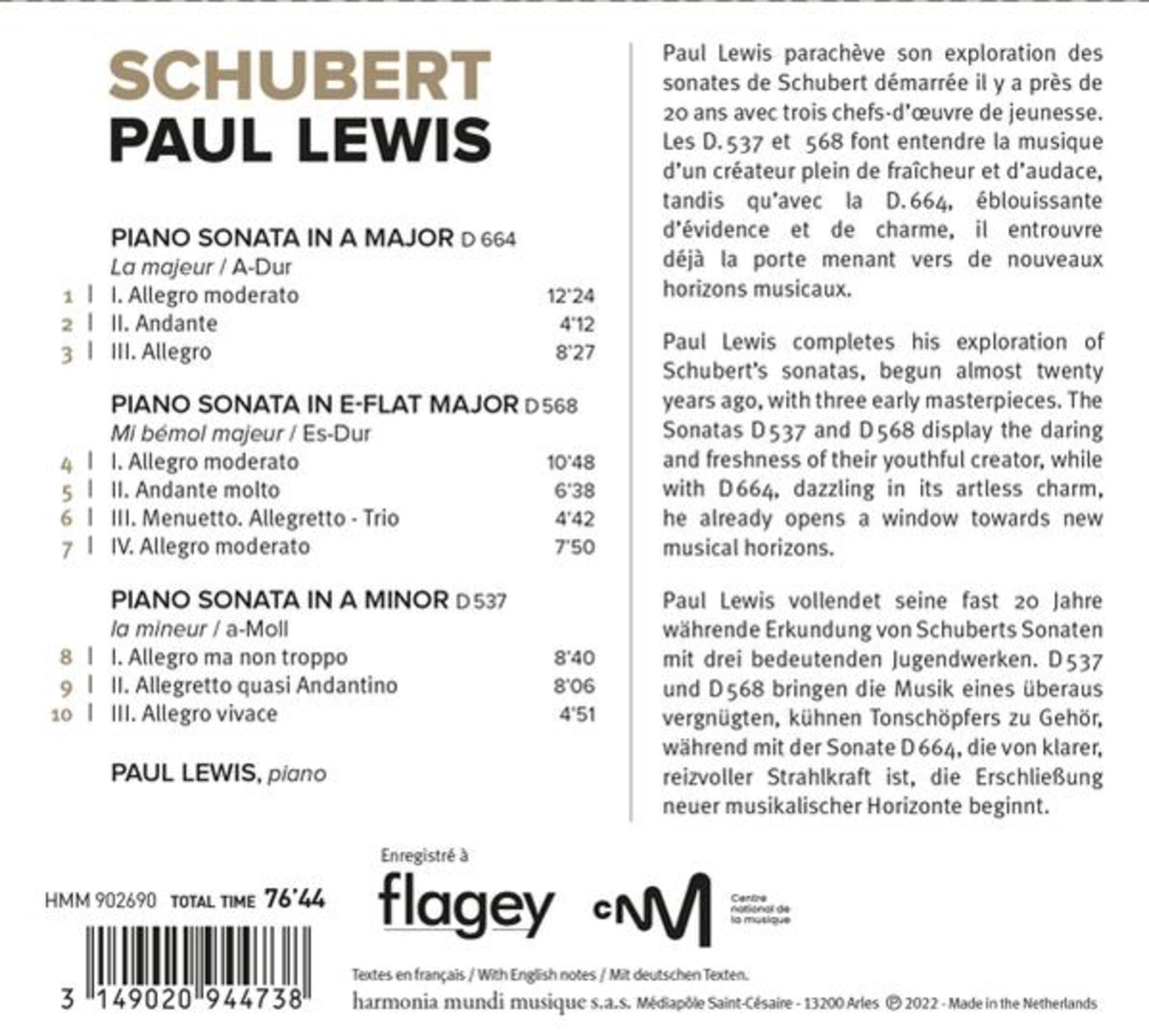 Schubert Paul Lewis: Sonate per pianoforte D664, D537, D568. Con tempi e codice a barre.