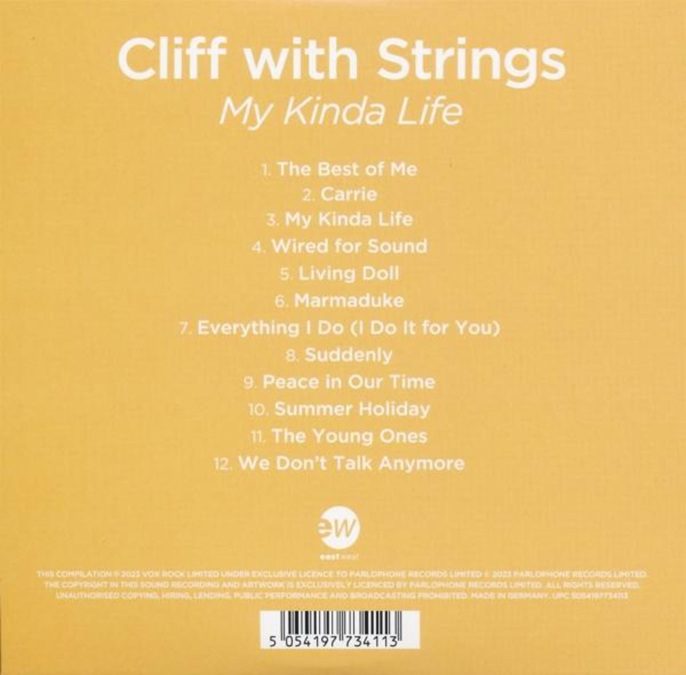 Titolo album 'Cliff with Strings: My Kinda Life' con elenco canzoni su sfondo giallo.