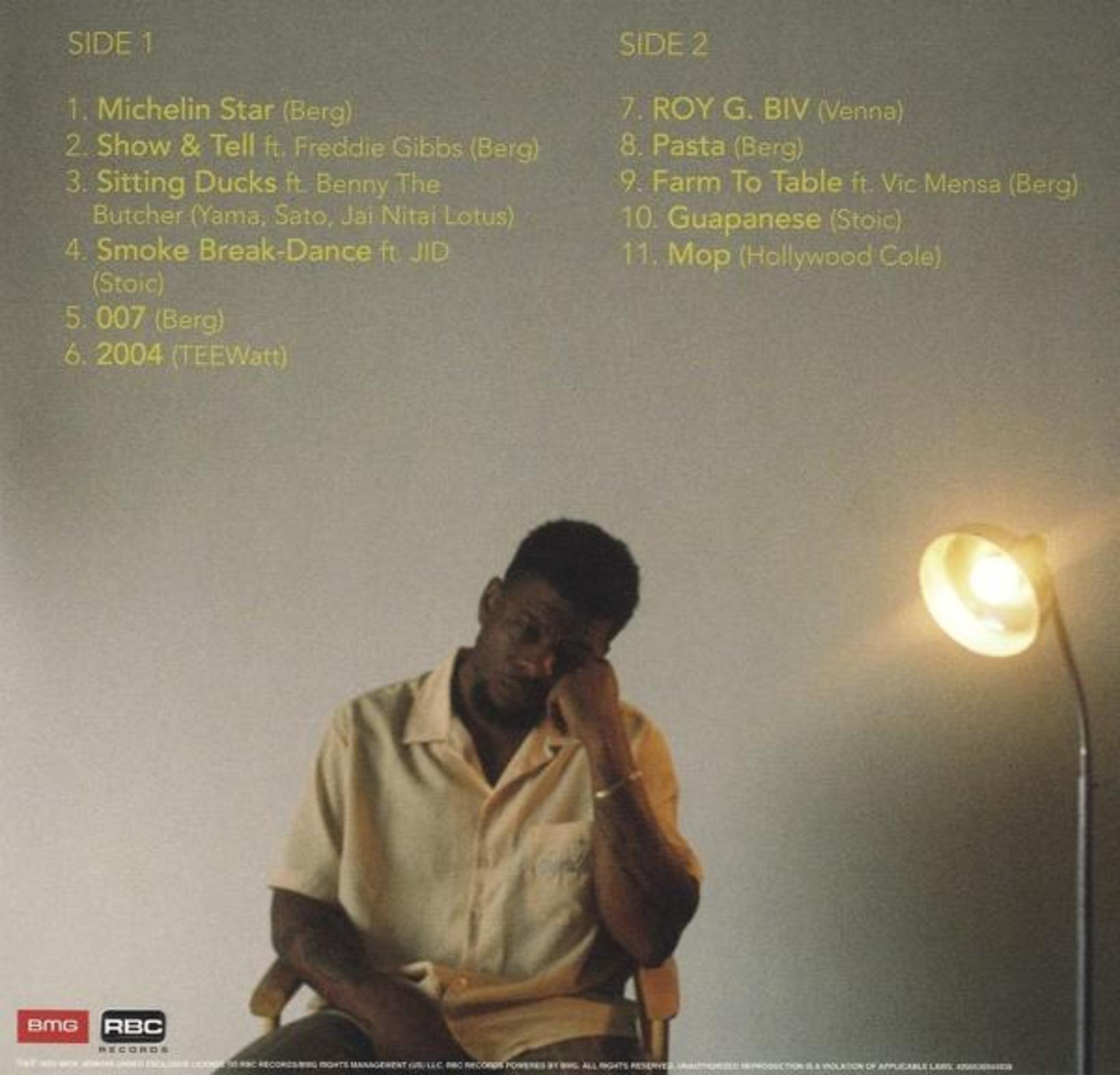 Uomo seduto, mano sulla testa, luce vicina. Tracklist a sinistra e a destra.