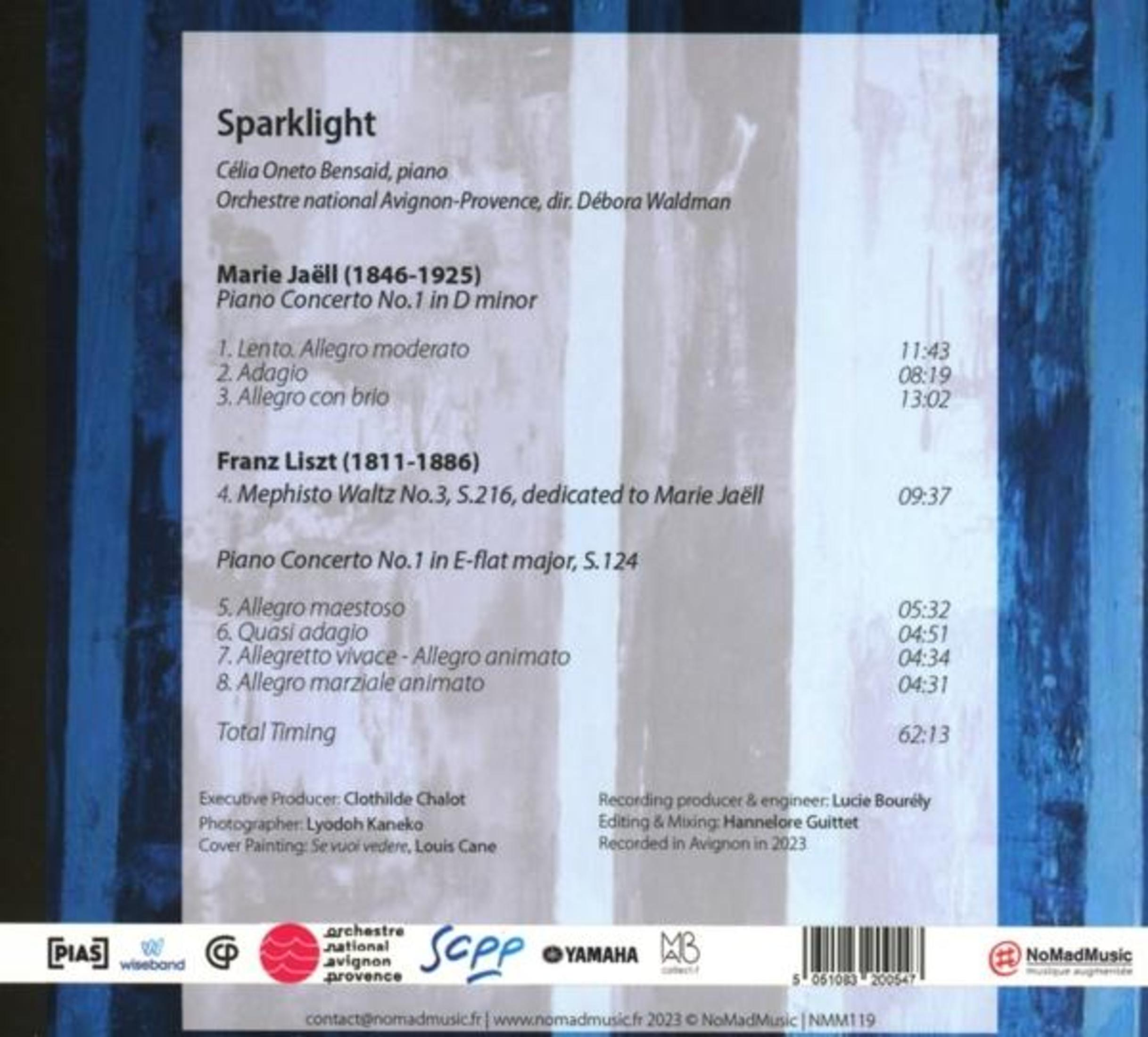 Copertina album con elenco brani: Sparklight, Marie Jaëll, Franz Liszt, tempi.