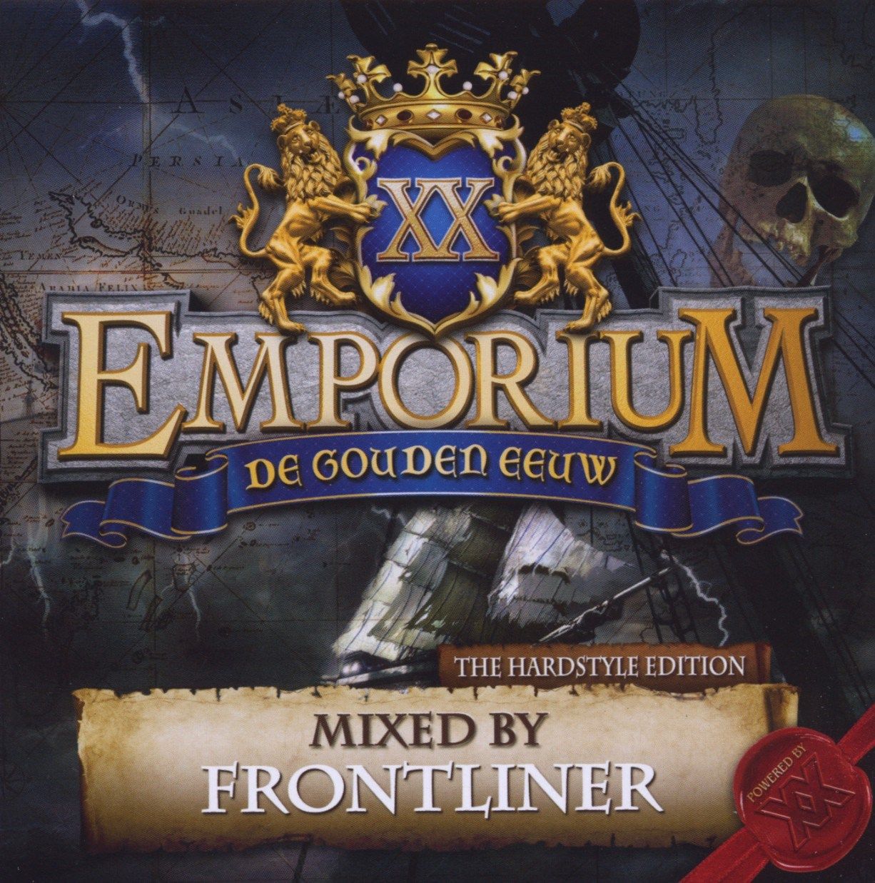 Cover met "Emporium De Gouden Eeuw" logo, schedel, kaart en schip.