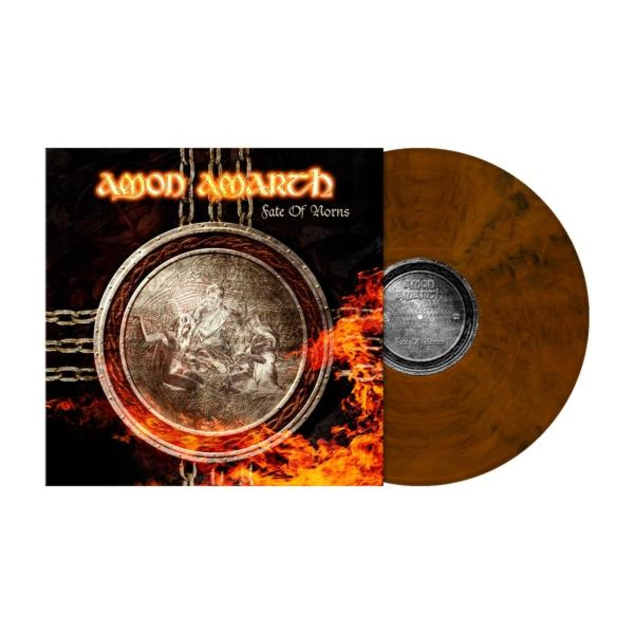 Copertina album Amon Amarth con disco. Fiamme sullo sfondo.