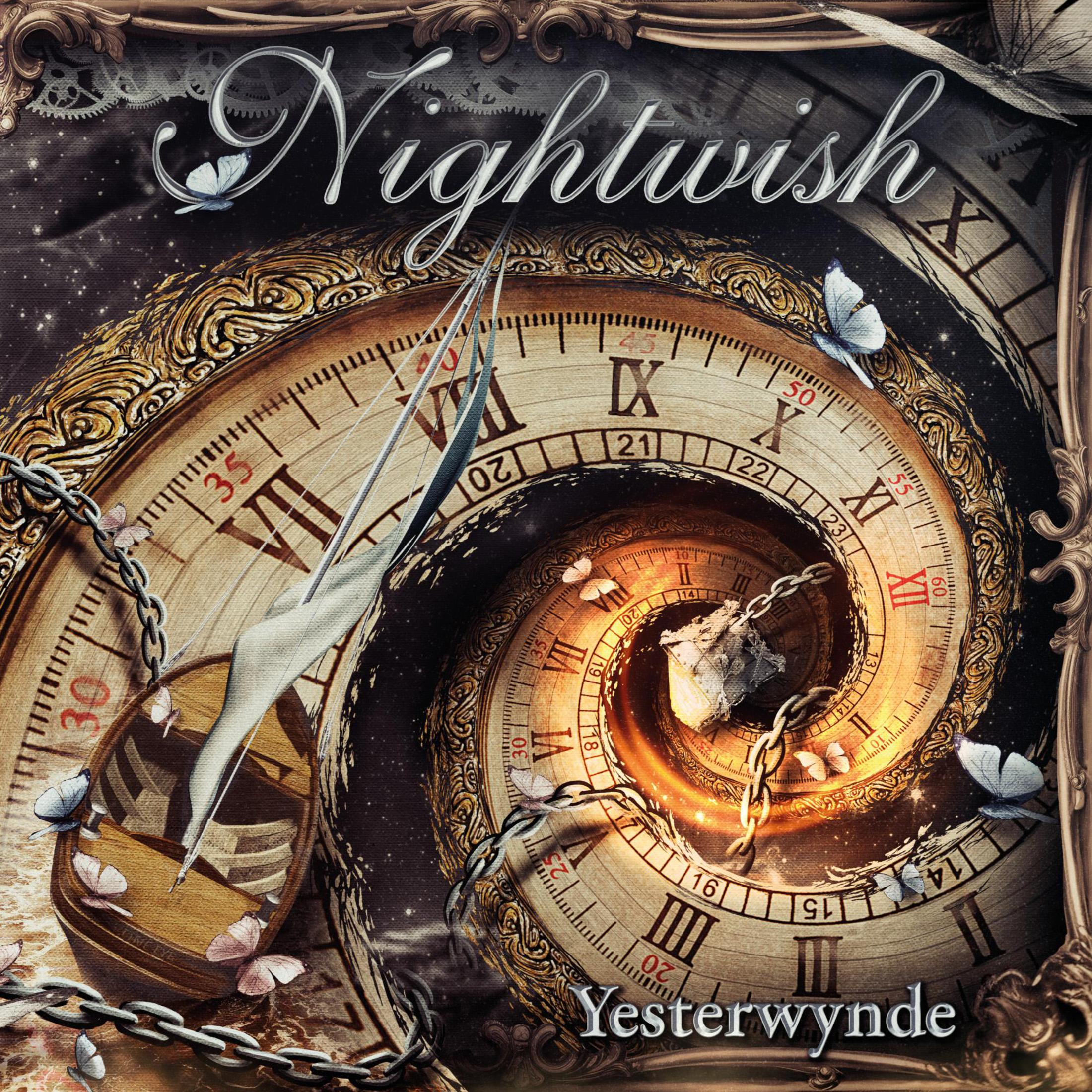 Un orologio vorticoso con farfalle, una barca e catene. "Nightwish Yesterwynde".