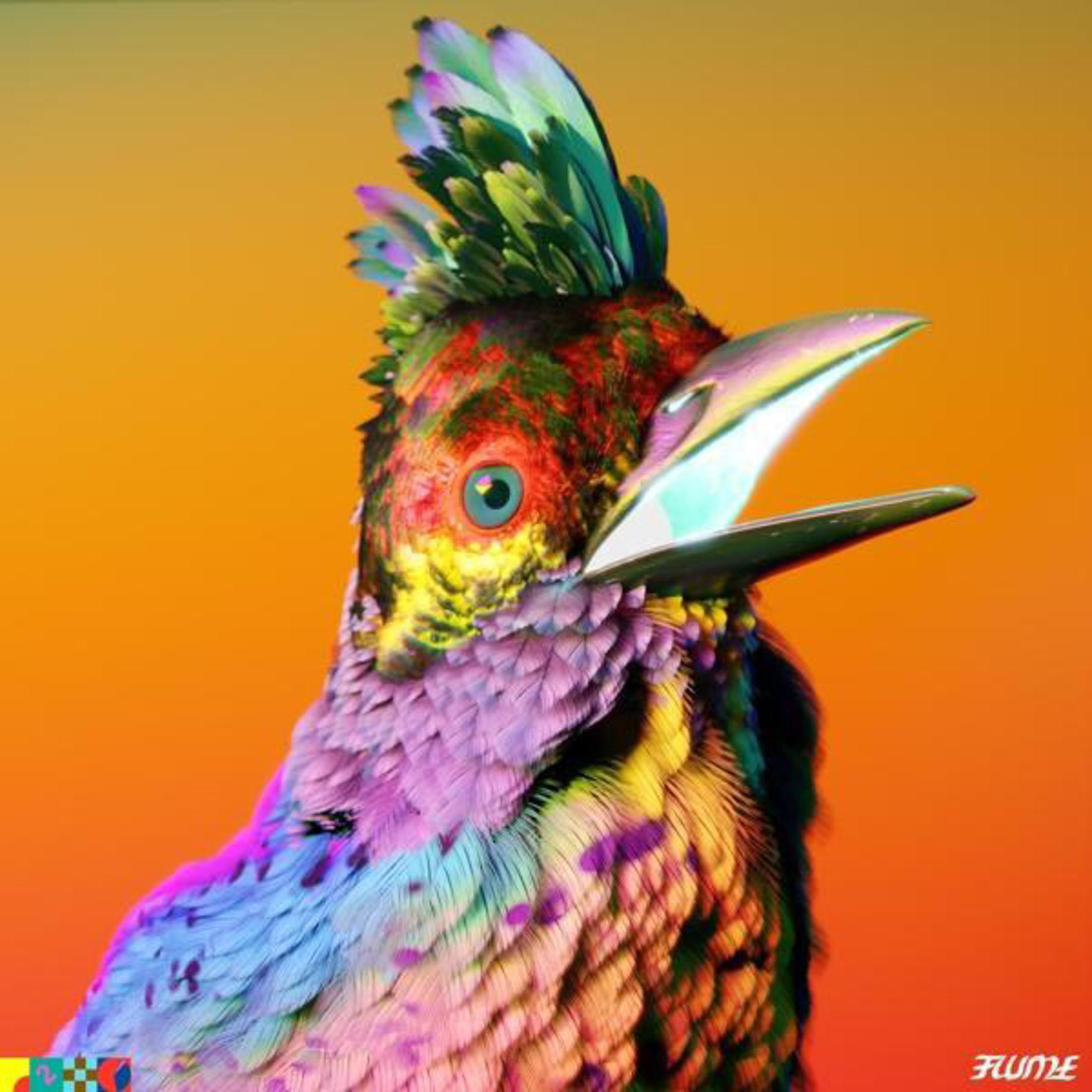 Uccello colorato con becco aperto su sfondo arancione.