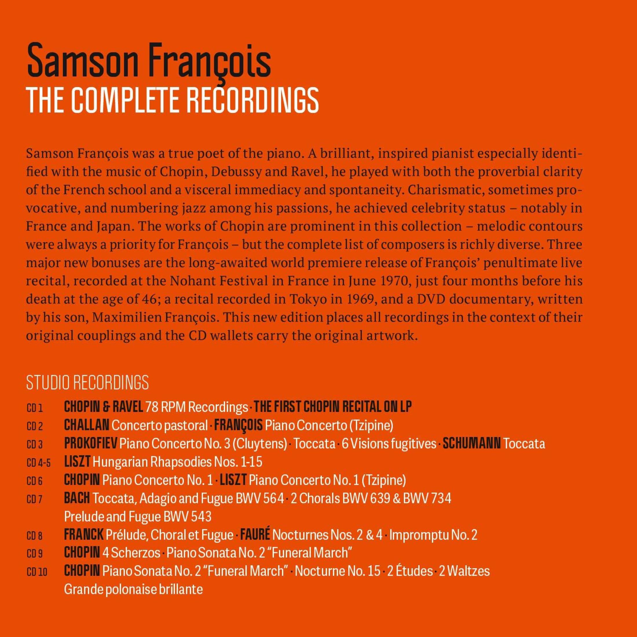 Copertina dell'album con titolo 'Samson François THE COMPLETE RECORDINGS' e elenco tracce.
