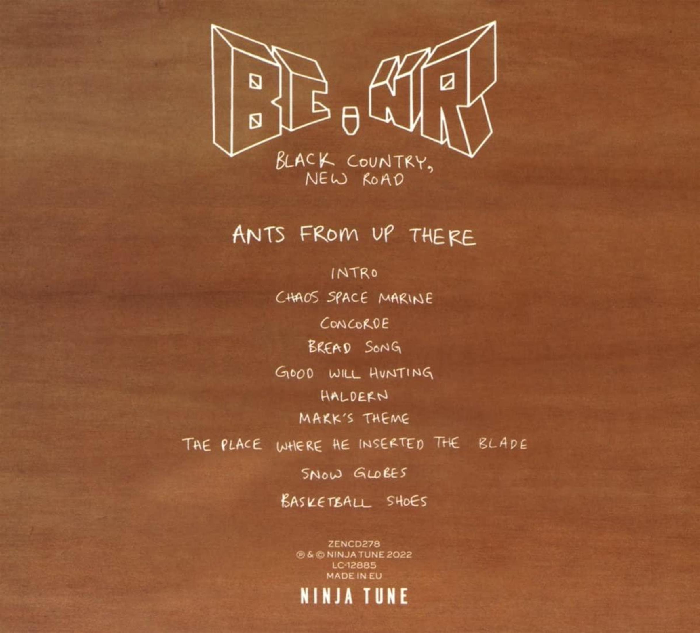 Album achterkant met tracklist en logo op bruine achtergrond.