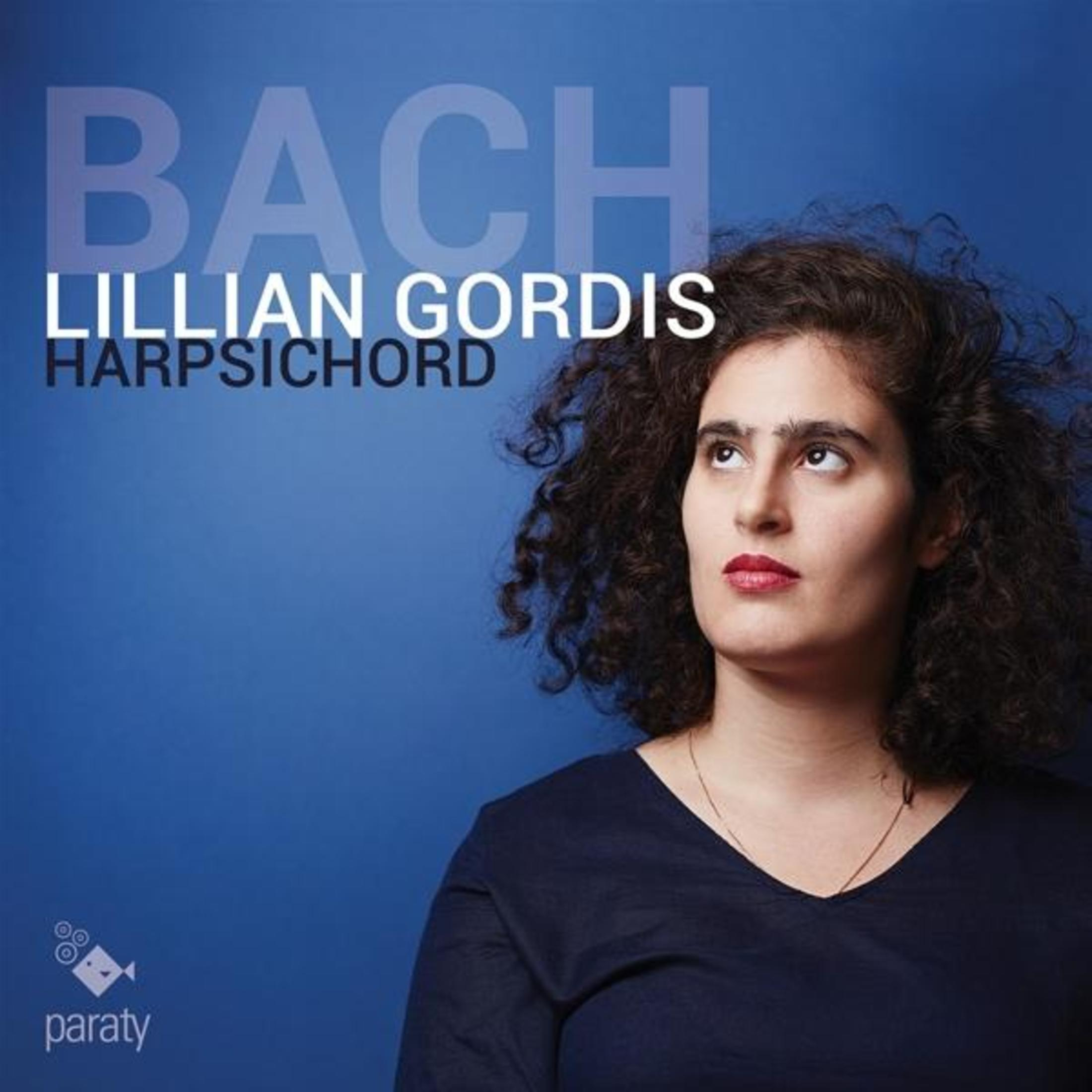 Bach, Lillian Gordis, Clavicembalo su sfondo blu con logo.