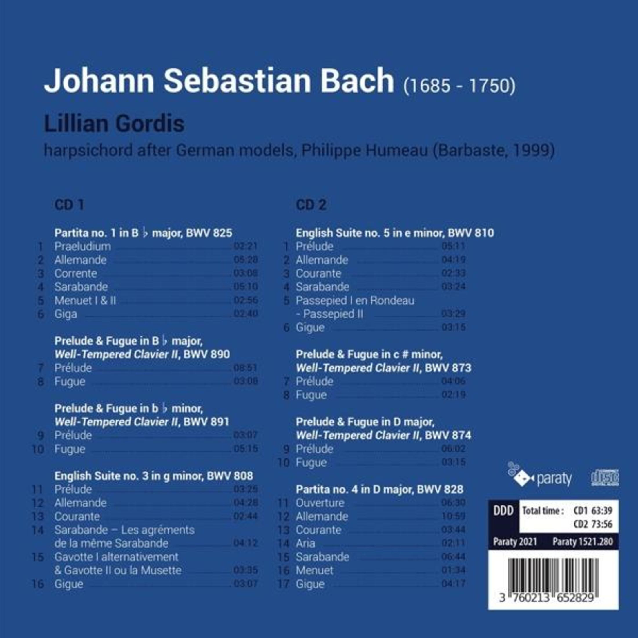 Copertina di un album di opere di Bach di Lillian Gordis, con elenchi di brani per CD1 e CD2.