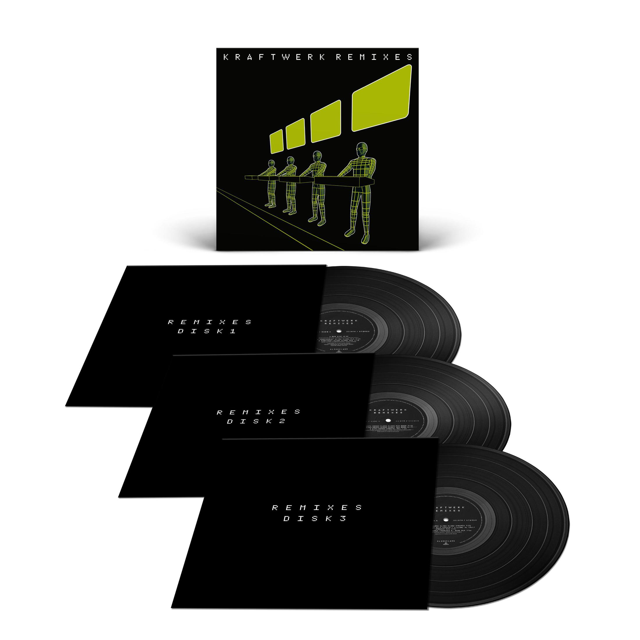 Box set in vinile Kraftwerk Remixes con tre LP neri e copertina.
