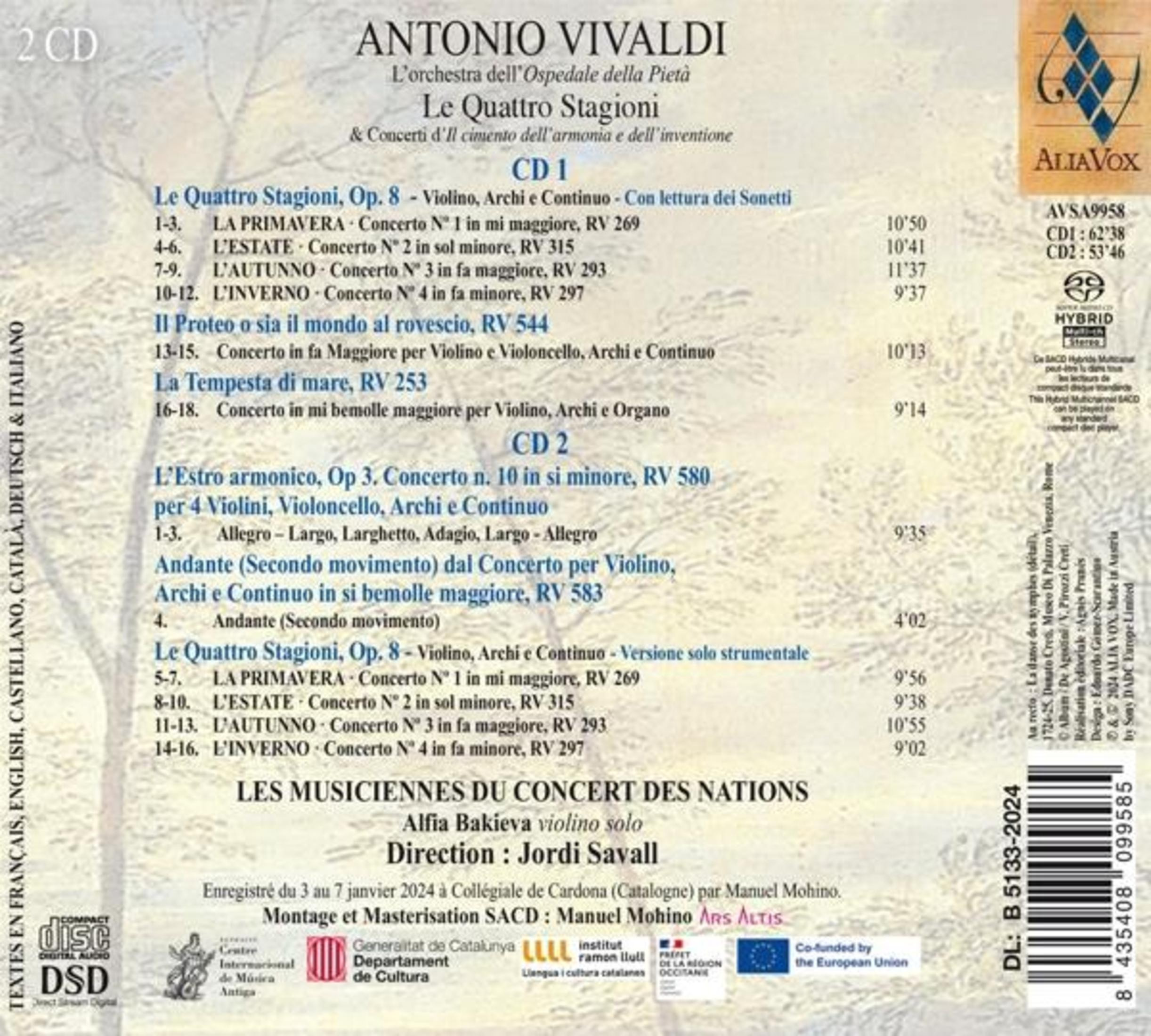 Copertina CD con "Le quattro stagioni" di Vivaldi, tracklist e loghi.