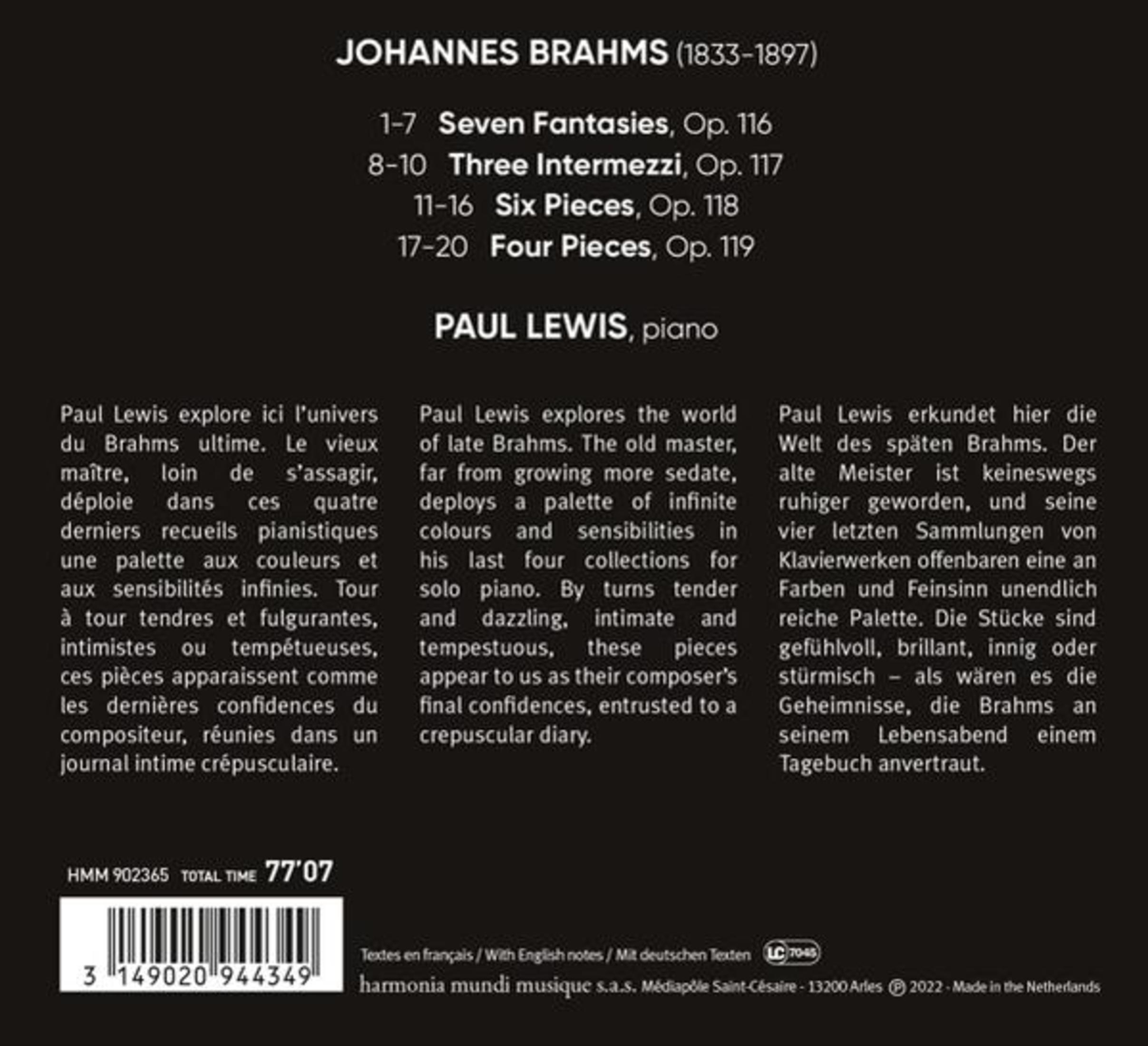Copertina con opere di Brahms e Paul Lewis, pianoforte. Include codice a barre.