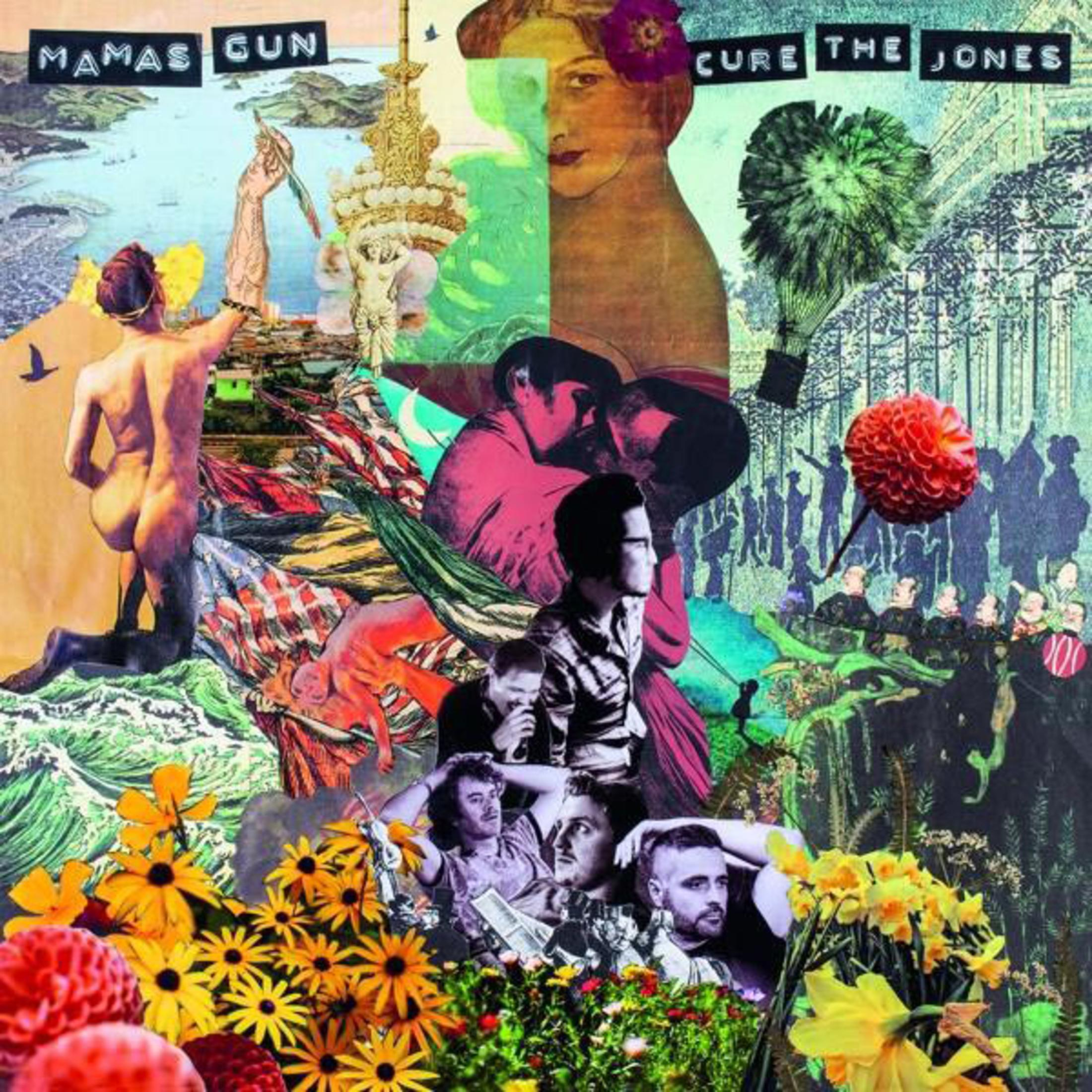 Collage con fiori, persone e testo. Mamas Gun Cure the Jones.
