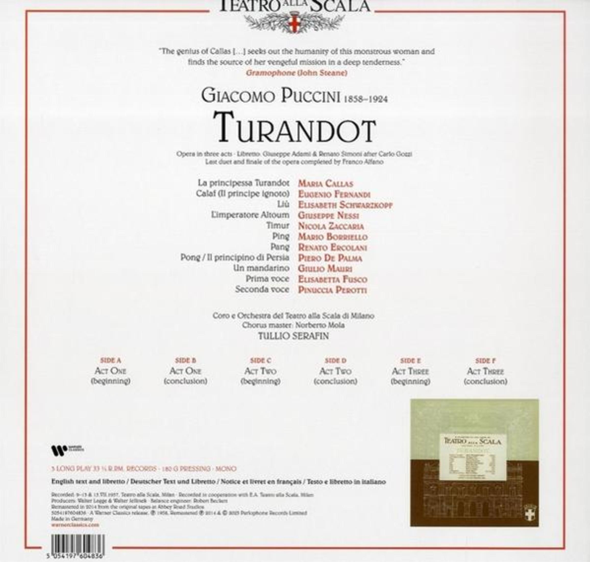 Een platenhoes voor Giacomo Puccini's Turandot, met cast- en actdetails.