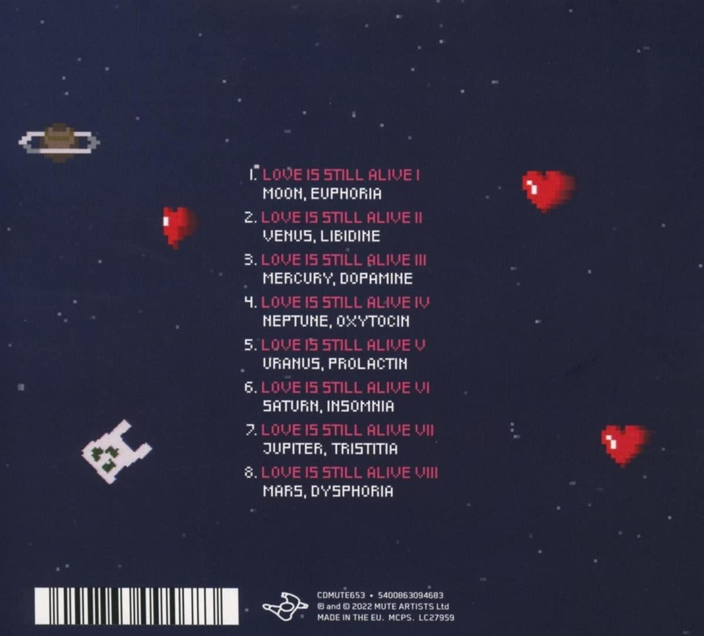 Scena spaziale in pixel art con pianeti, cuori e borsa della spesa su cielo scuro.