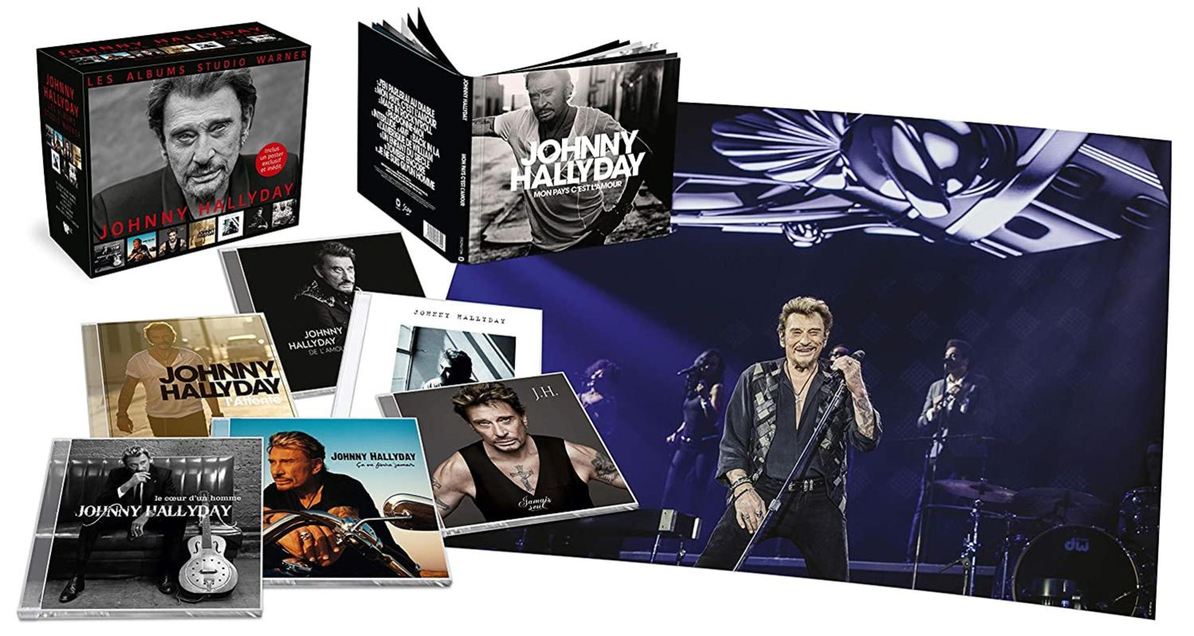 Box set di Johnny Hallyday con CD, libro e poster. Performance dal vivo sullo sfondo.