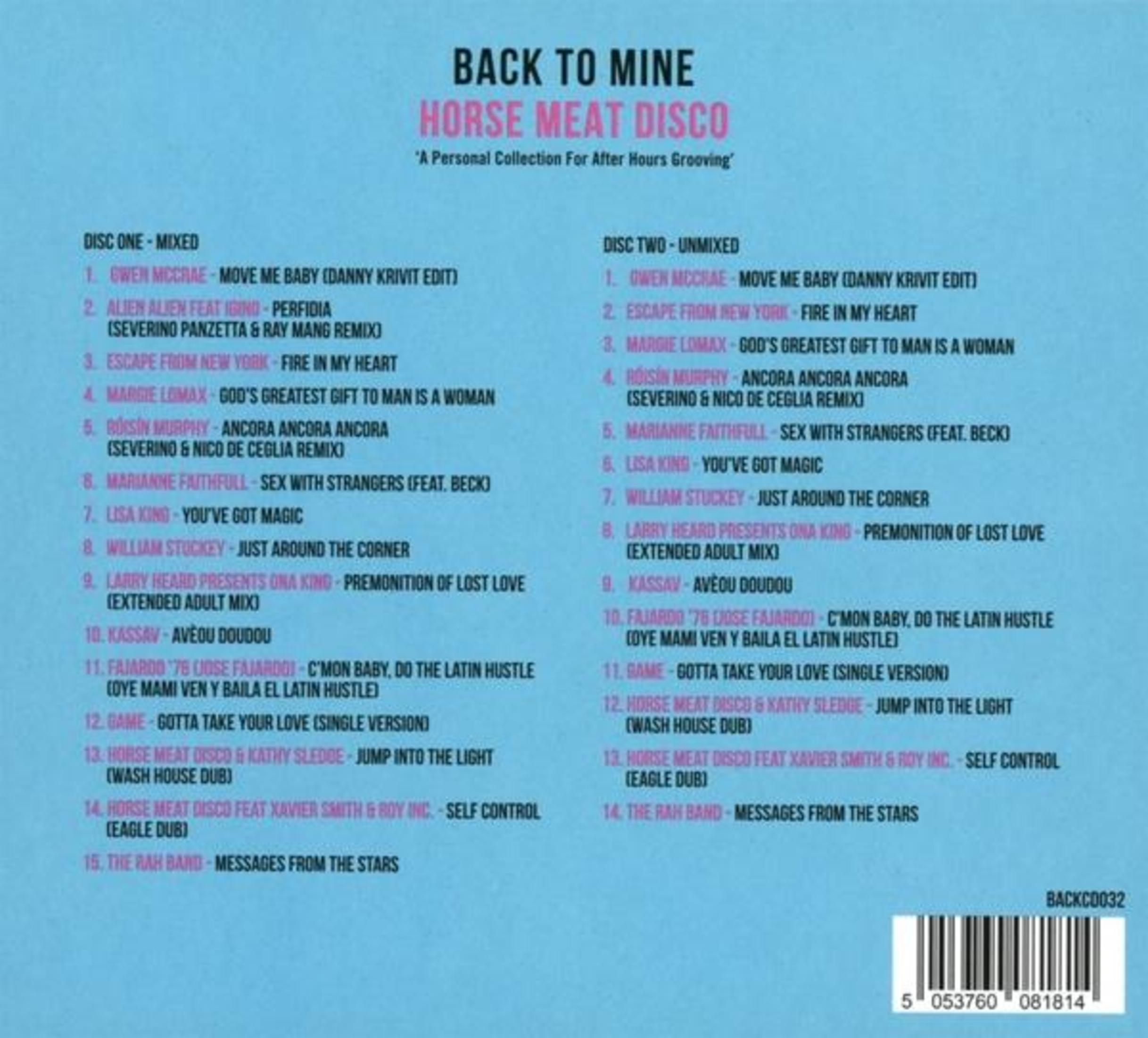 Copertina album con tracklist "Horse Meat Disco" su sfondo blu.