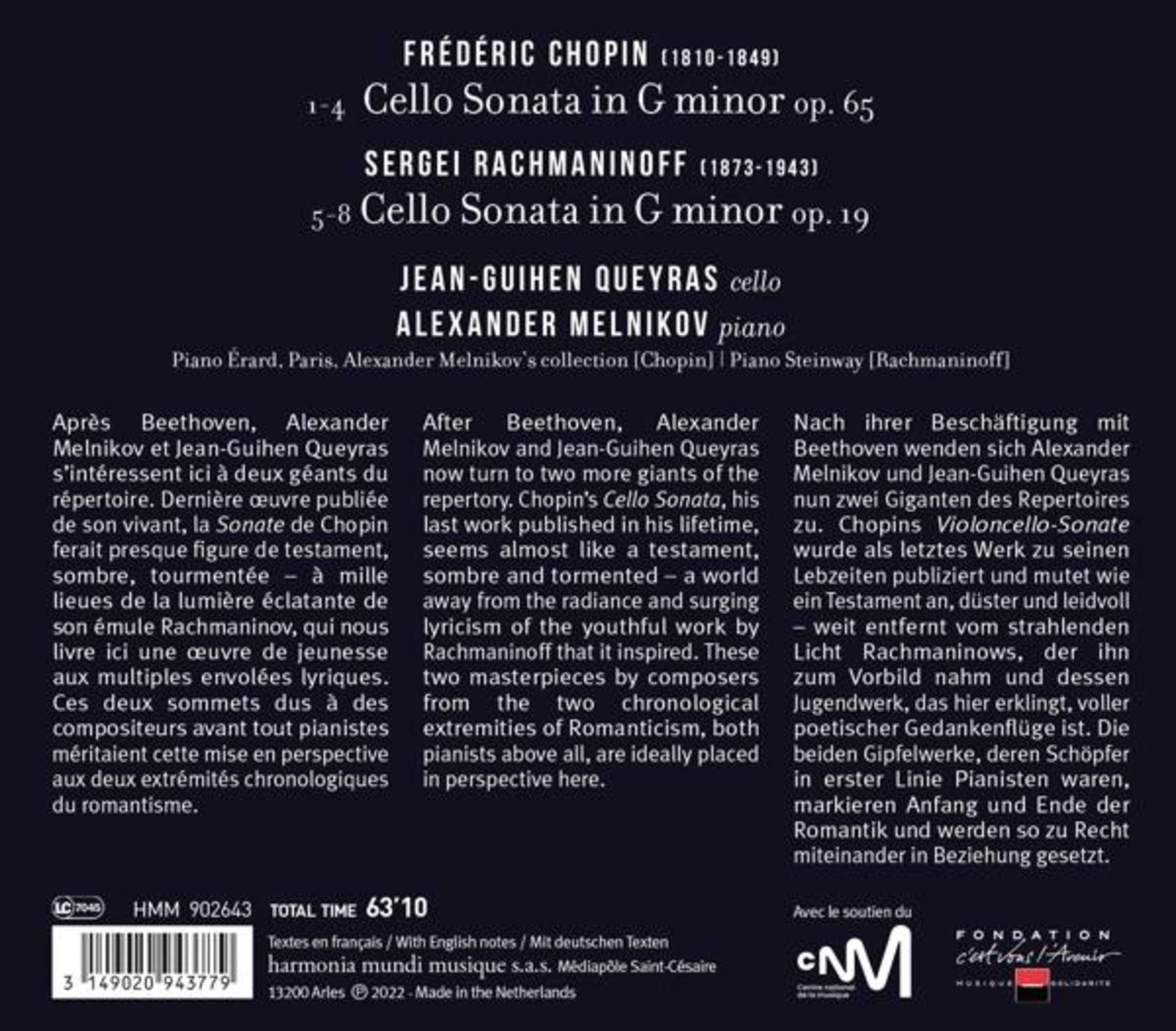Copertina CD con compositori Chopin/Rachmaninoff, interpreti Queyras/Melnikov e testi.