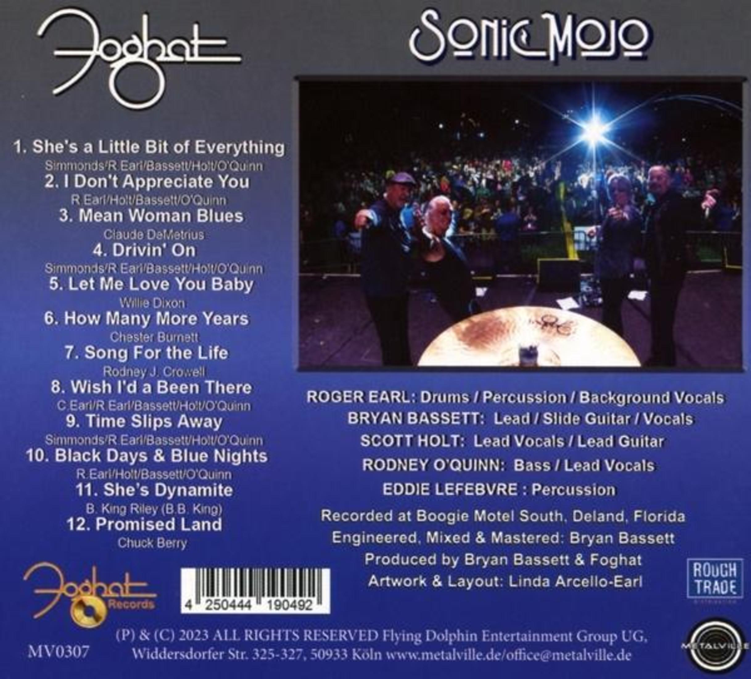 Copertina album Foghat Sonic Mojo con tracklist, membri band e loghi.