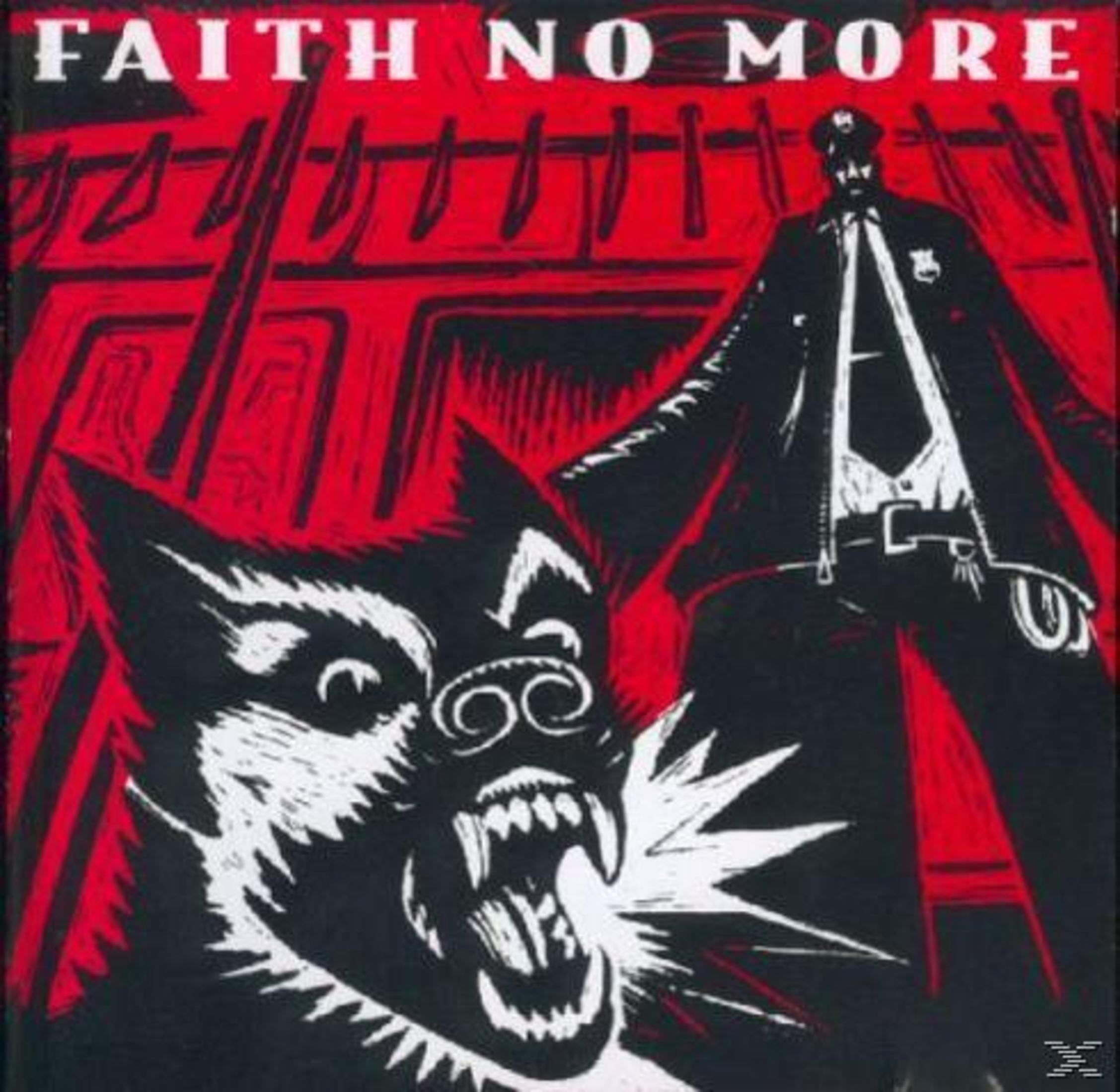 Copertina album Faith No More: cane ringhiante e uomo in divisa.