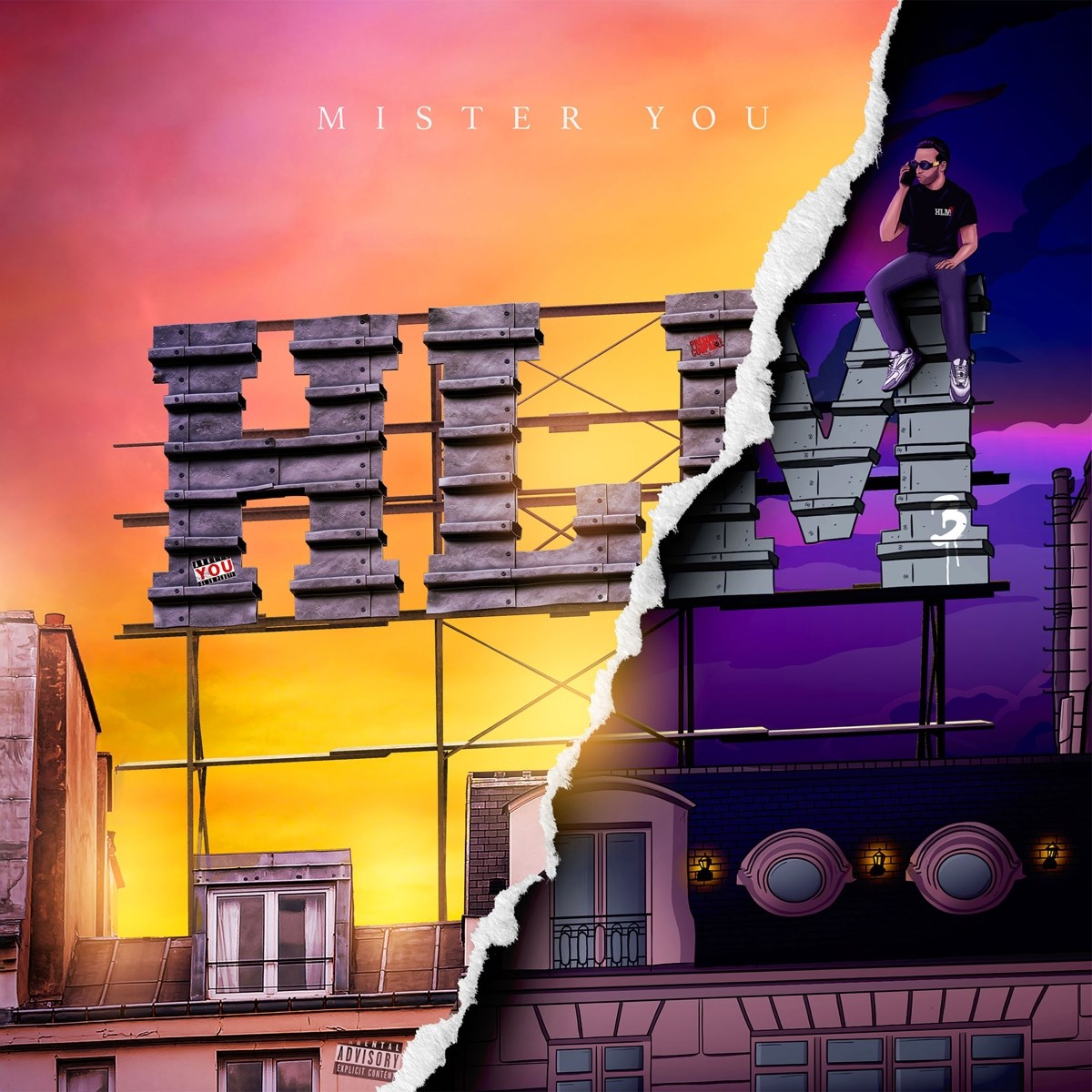 Copertina album mostra lettere HLM contro cielo tramonto e notte.