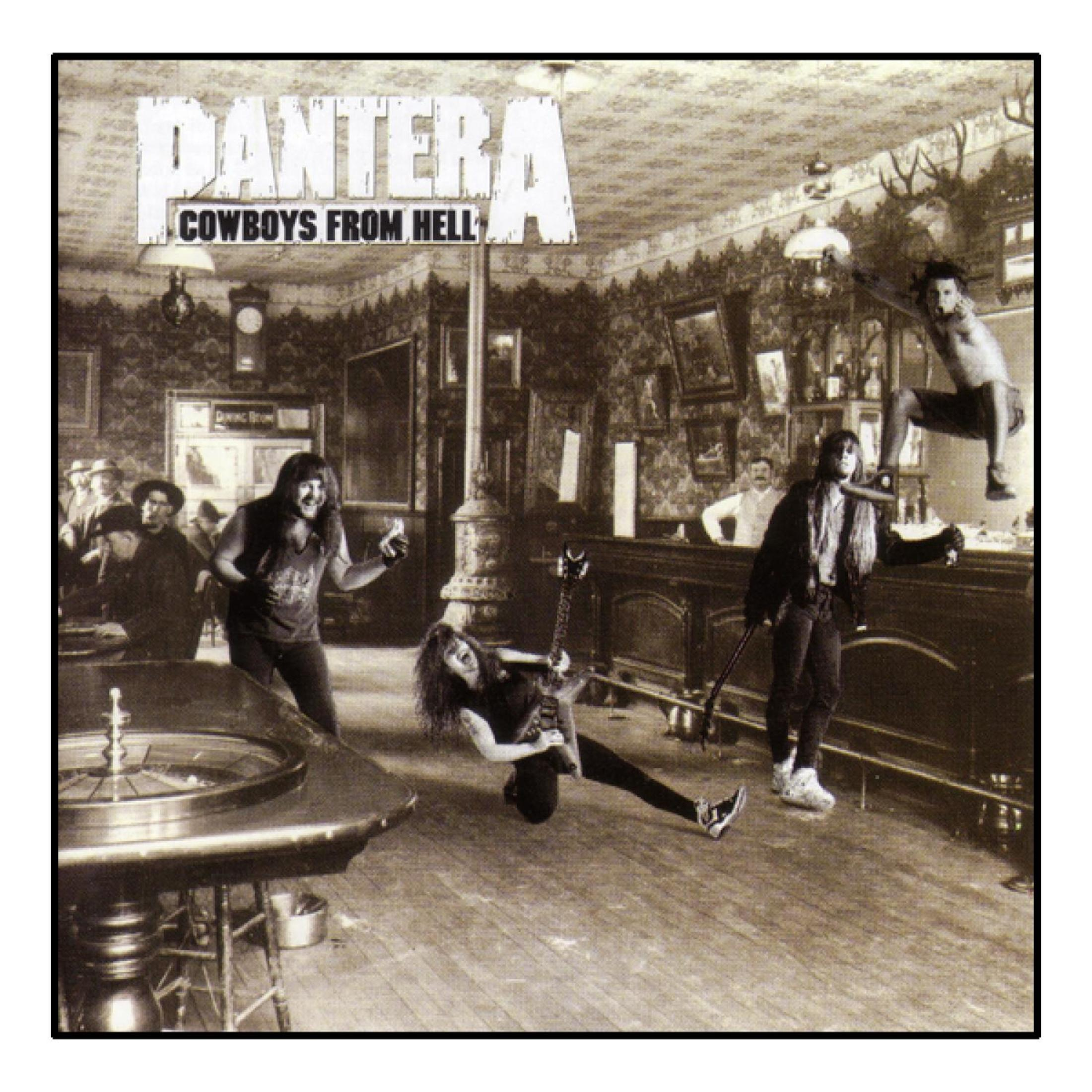 Copertina Pantera Cowboys from Hell: Membri della band in un saloon, uno cade, uno suona la chitarra.