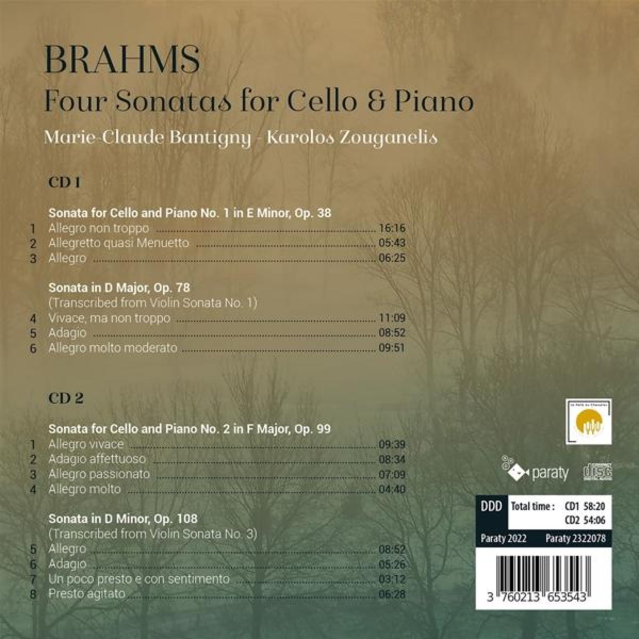 Sonate per violoncello di Brahms: Tracklist CD1 e CD2 con durate. Sfondo: alberi.