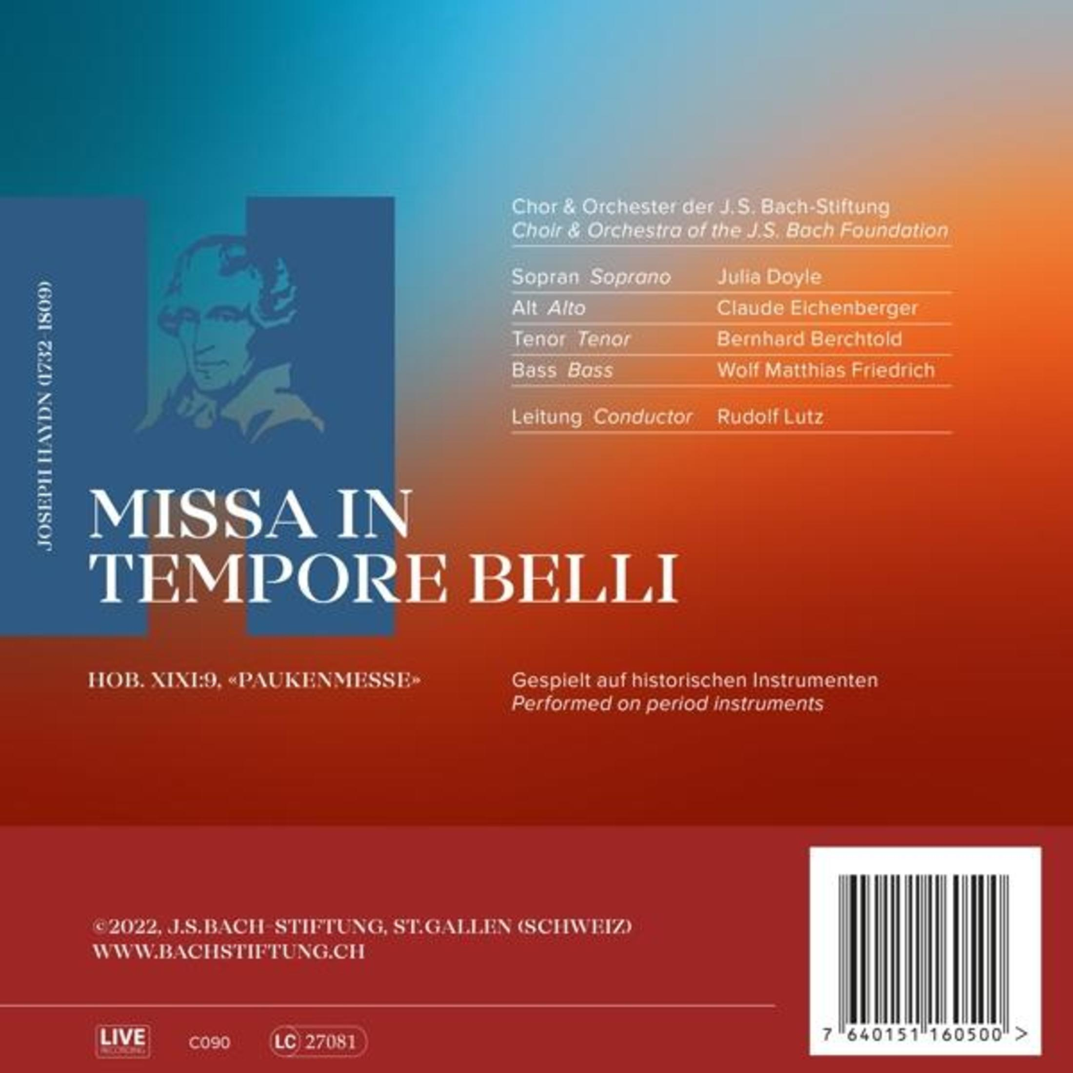 Cover van Haydns 'Missa in Tempore Belli'. Vermeldt solisten en bevat barcode.