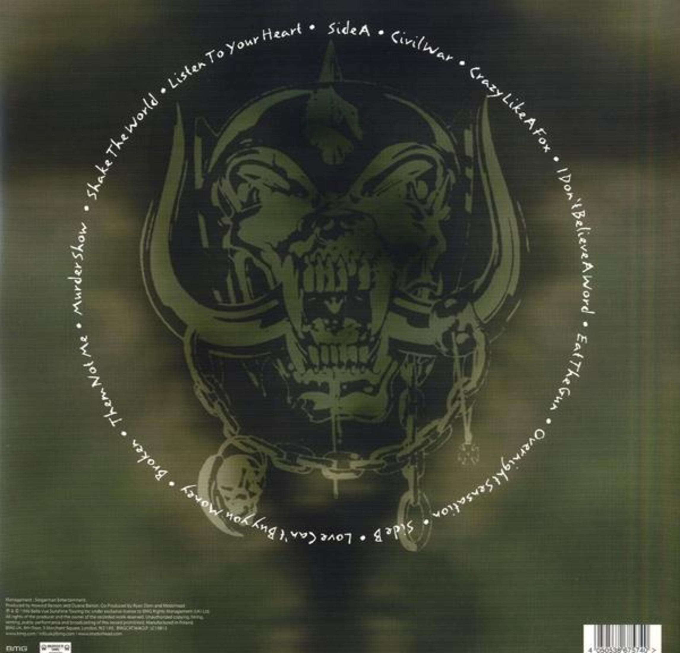 Album achterkant met schedelillustratie en songtitels in een cirkel.