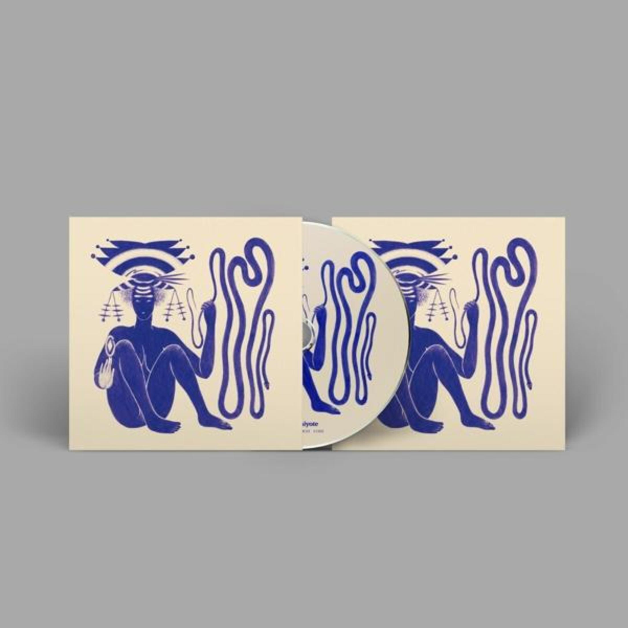 Custodia CD con stampa blu di un uomo seduto che tiene bilancia e serpenti.