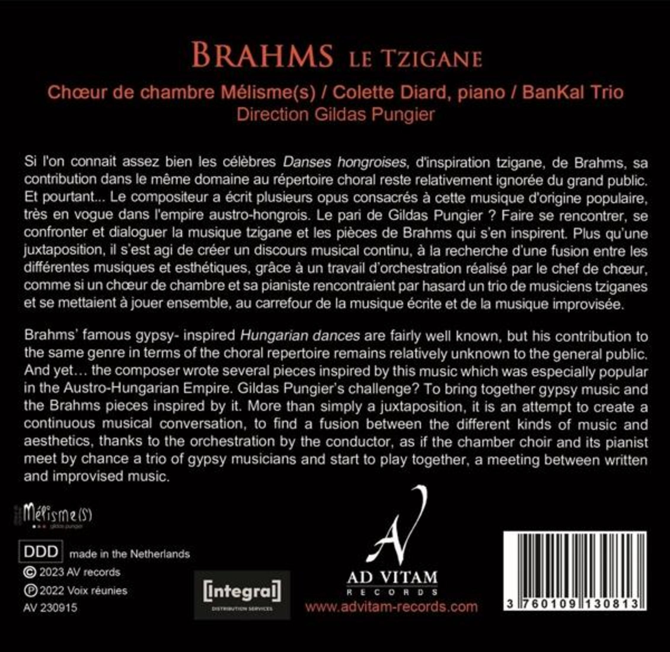 Copertina album: Brahms Le Tzigane, Coro Mélisme, pianista, codice a barre.