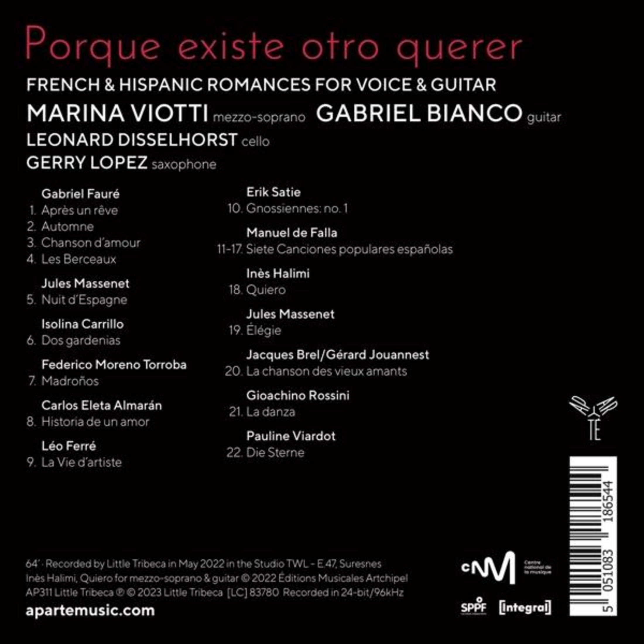 Copertina dell'album con elenco brani: "Porque existe otro querer" di Marina Viotti.
