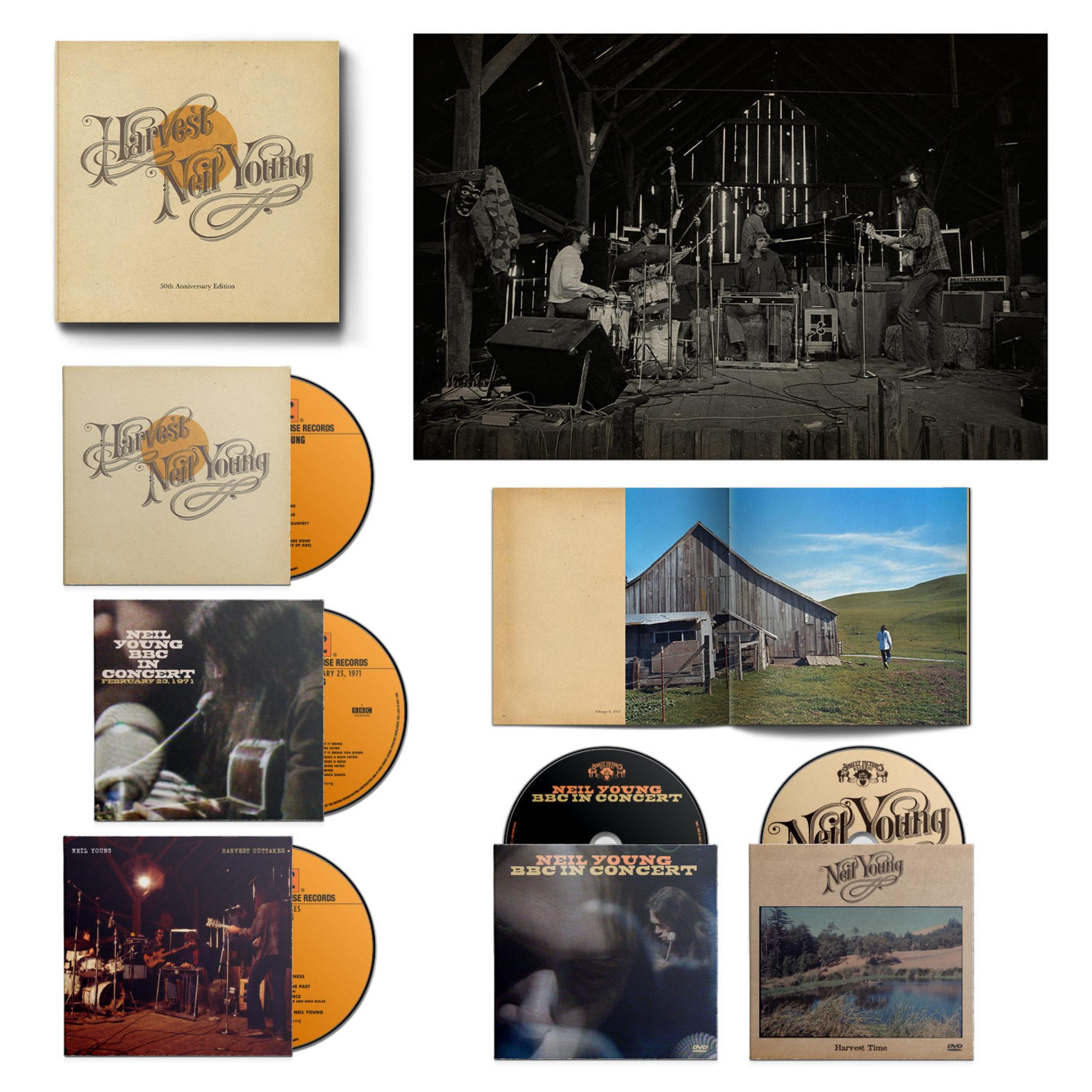 Neil Young's Harvest album cover. A man walks towards a barn in a field.