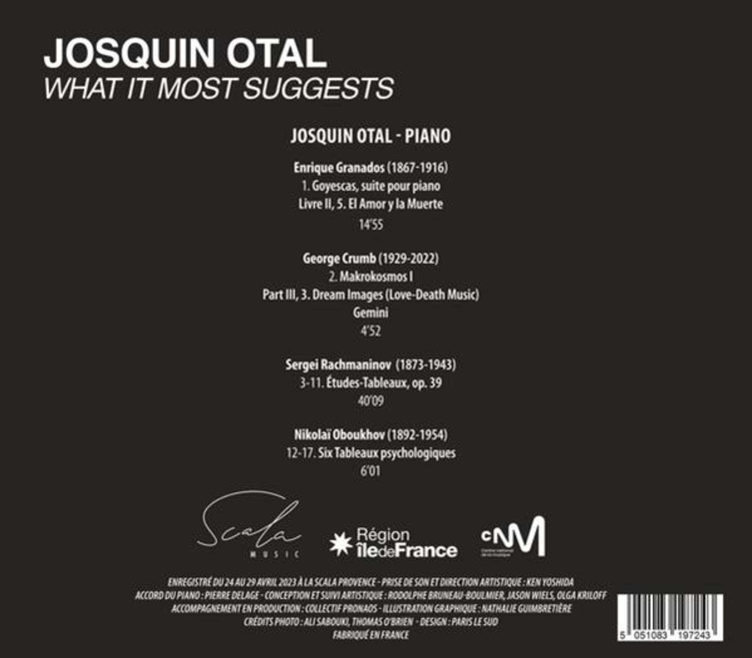 Copertina dell'album con titolo ed elenco dei compositori di brani per pianoforte di Josquin Otal.