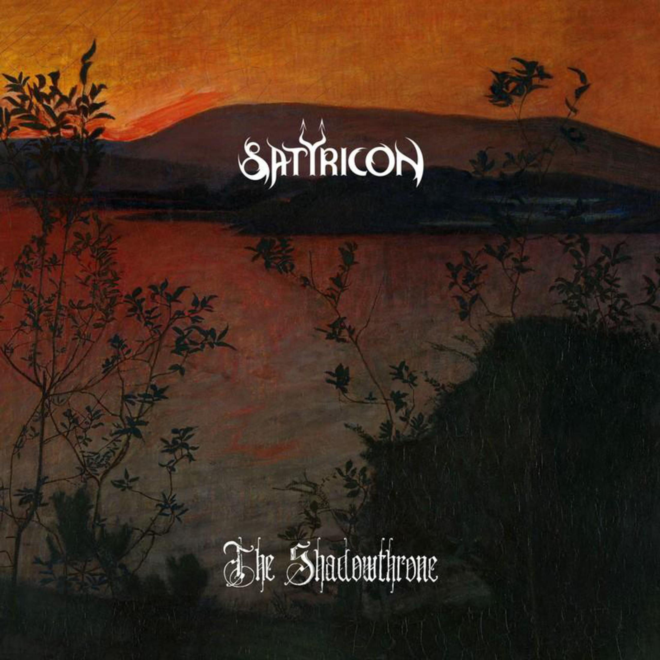 Logo dei Satyricon su colline scure al tramonto, con piante in primo piano.