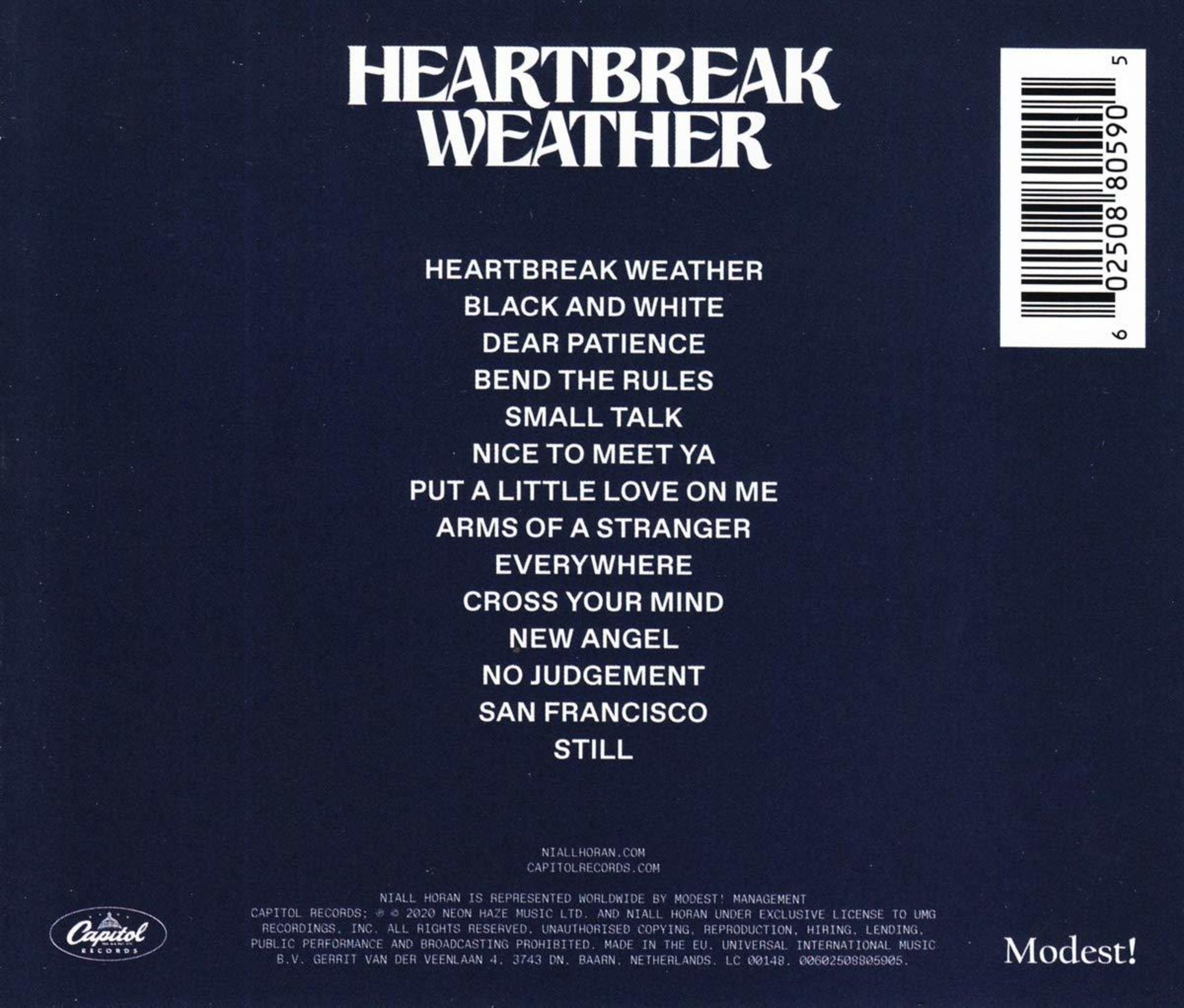 Titolo album 'Heartbreak Weather', elenco brani, codice a barre ed etichette su sfondo blu scuro.