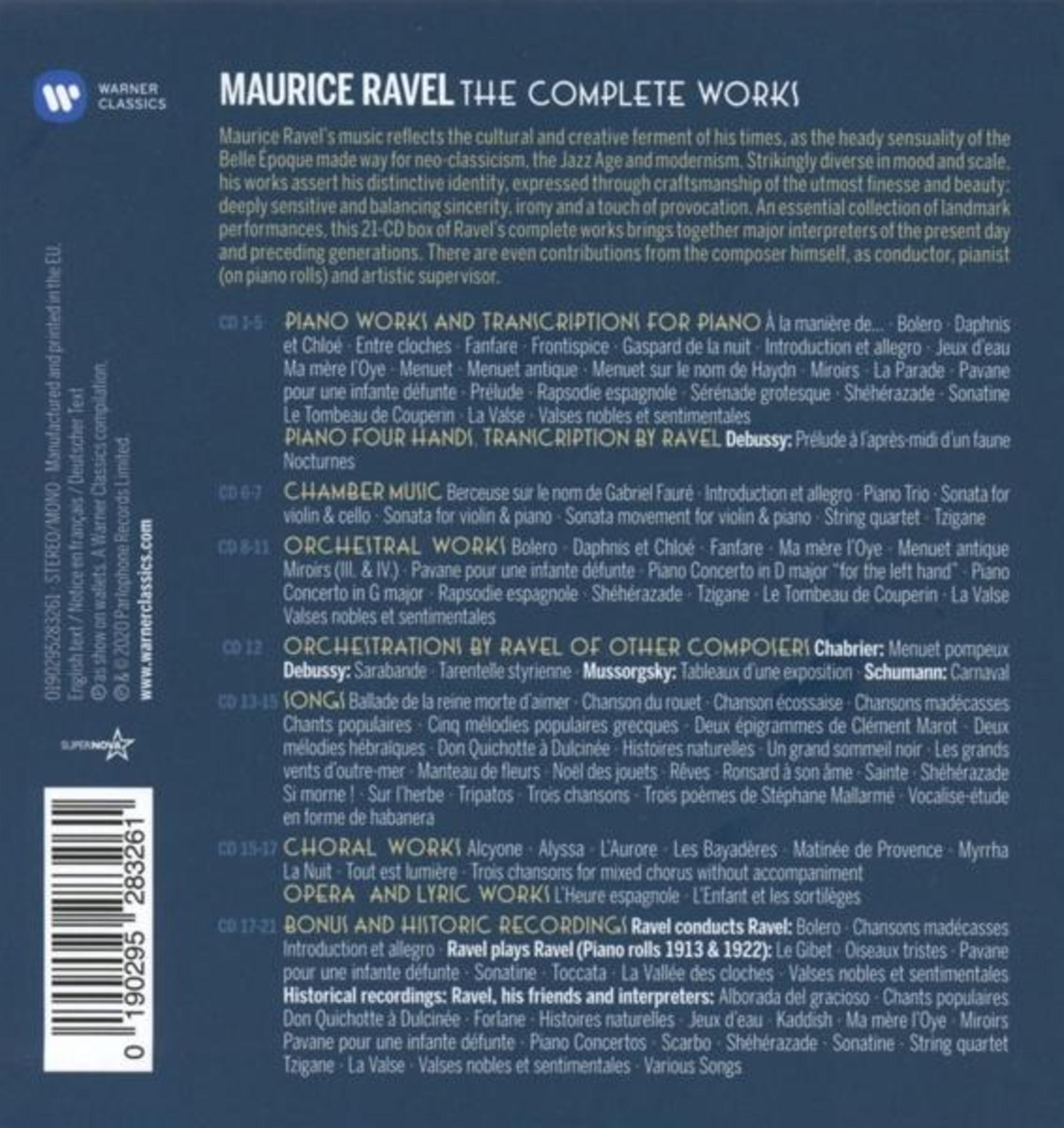 Maurice Ravel: CD Box Complete Works con elenco tracce. Codice a barre in basso a sinistra.